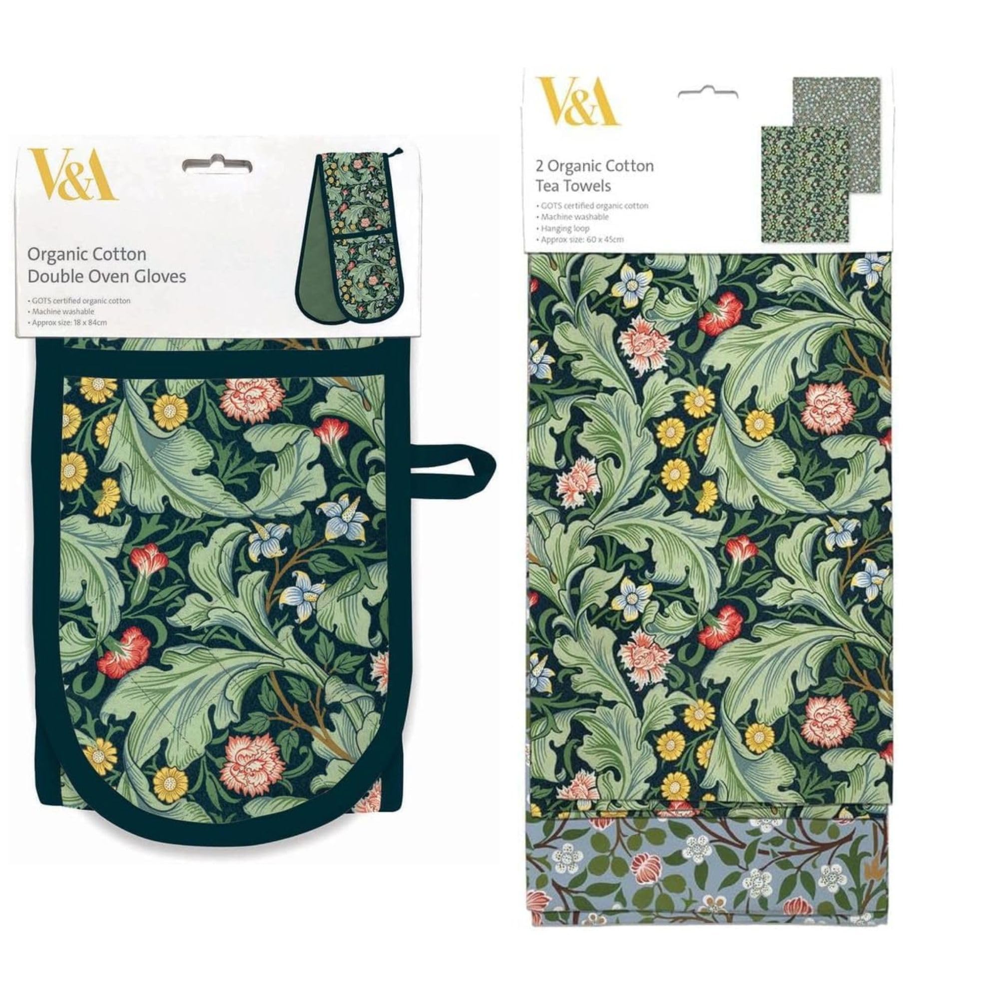 Museums & Galleries Green Double Oven Glove And Tea Towel Set - Organic Cotton - 'Leicester Wallpaper' - V&A Museum Artistic Botanical Design - Stylish Kitchenware