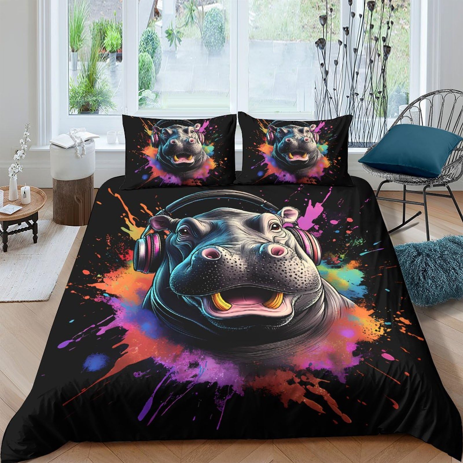 Ctjqhvkz Style-9 3D Printed Hippo Headphones Fitted Sheet Microfiber Colorful Splash Bed Cover For Bedroom Dorm Mattress Protection Decor Single（135X200cm）
