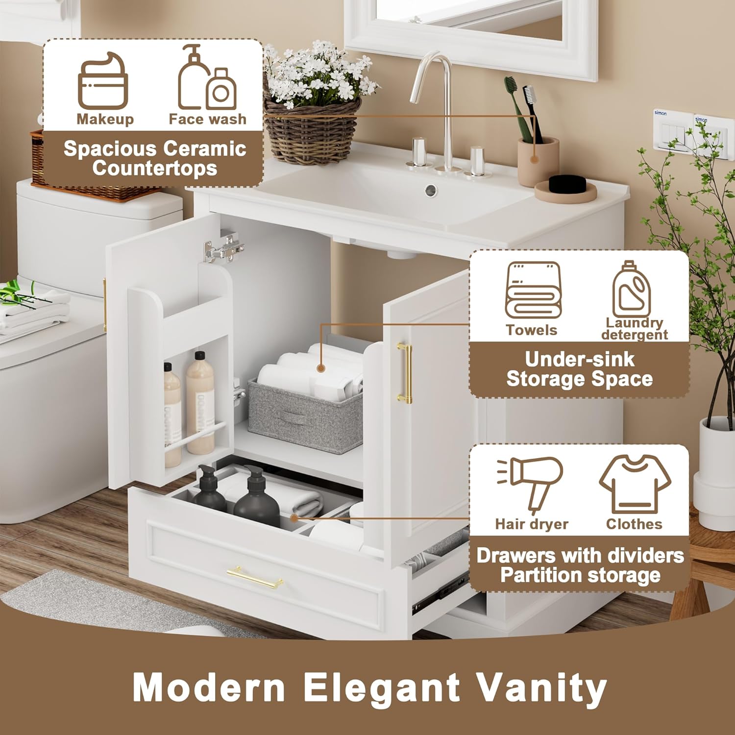 30-inch Bathroom Vanity with Sink, Free Standing Bathroom Vanity Cabinet with One Divided Door, Storage Rack, and 2 Soft-Close Doors, Wooden Vanity Set with Ceramic Sink for Bathroom (White)