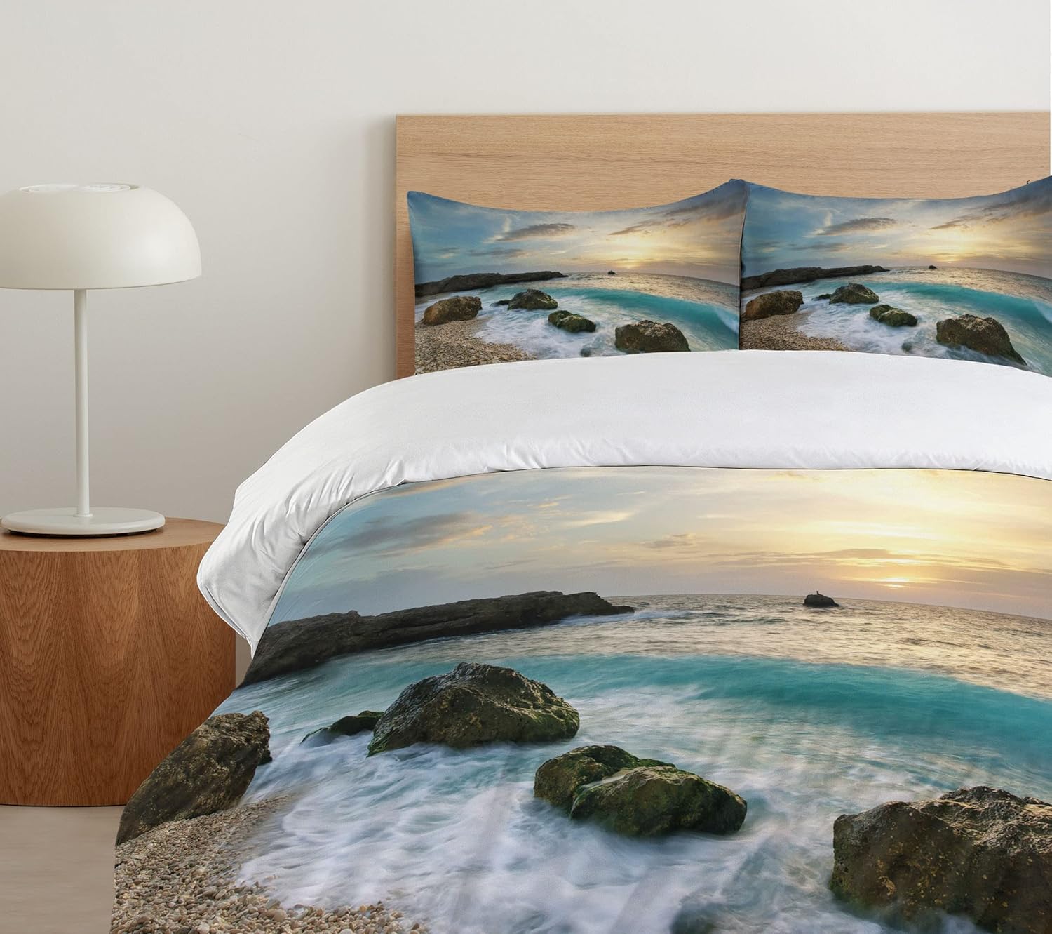 Ambesonne Ocean Duvet Cover Set, Seascape Composition of Nature Rocks Waves Cloudy Sky Rising Sun Beach Photo, Decorative 3 Piece Bedding Set with 2 Pillow Shams, Queen Size, Brown Blue Yellow Queen Brown Blue Yellow