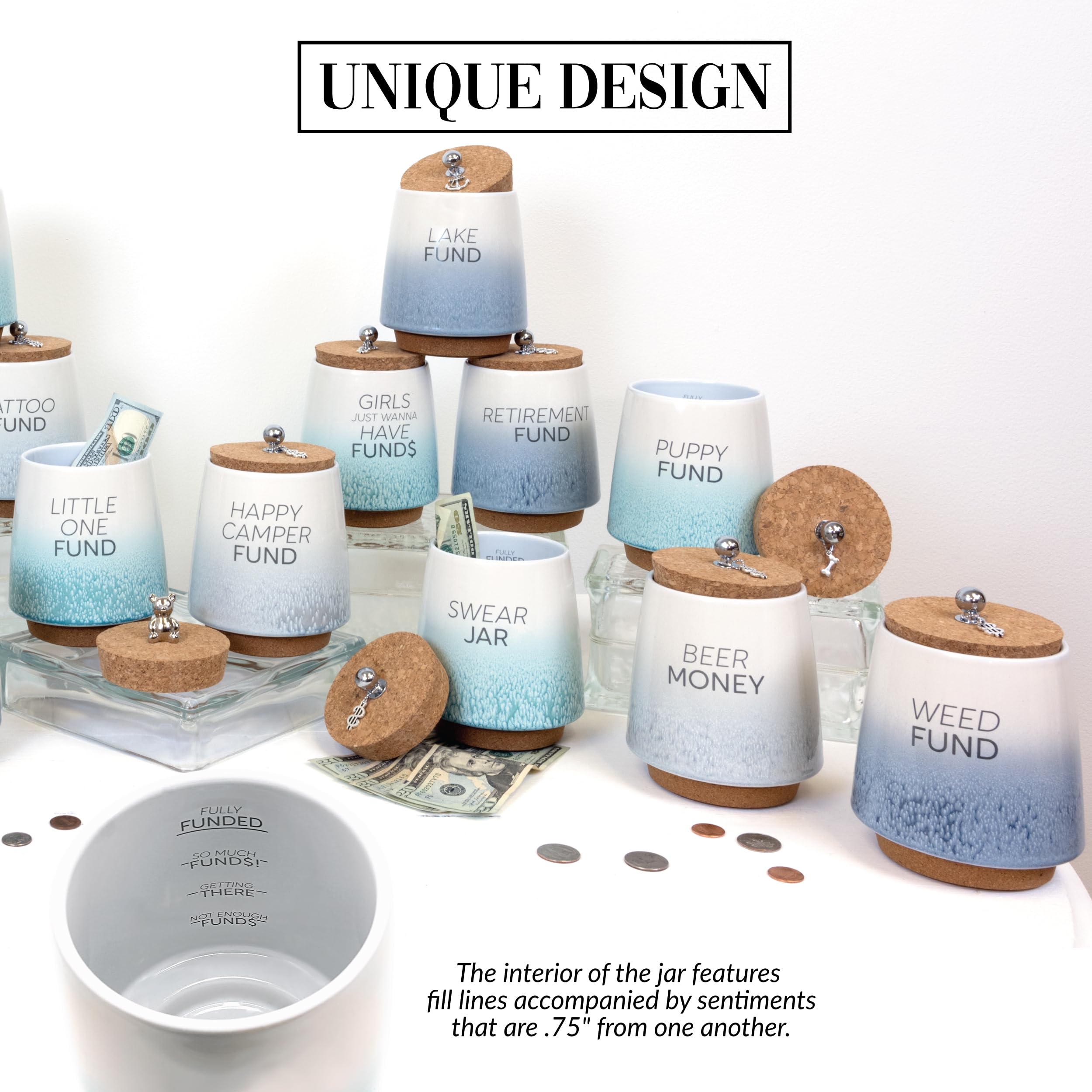 Pavilion Gift Company - Lake Fund - Salvadanaio in ceramica da 16,5 cm, con base in sughero, coperchio in sughero e ciondolo a forma di ancora, blu sfumato