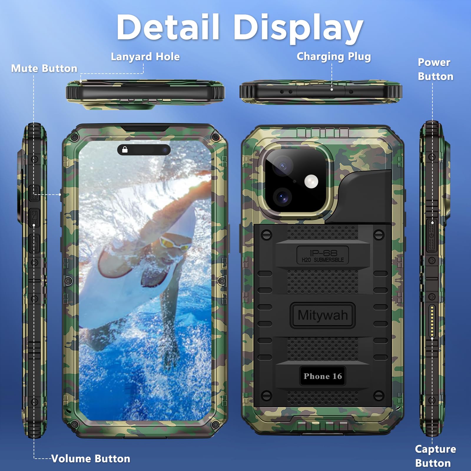 Mitywah Wasserdichte Schutzhülle für iPhone 16, stoßfest, strapazierfähig, mit integriertem Displayschutz, Unterwasser-Ganzkörper-Schutzhülle, Metallhülle, 6,1 Zoll, Camouflage