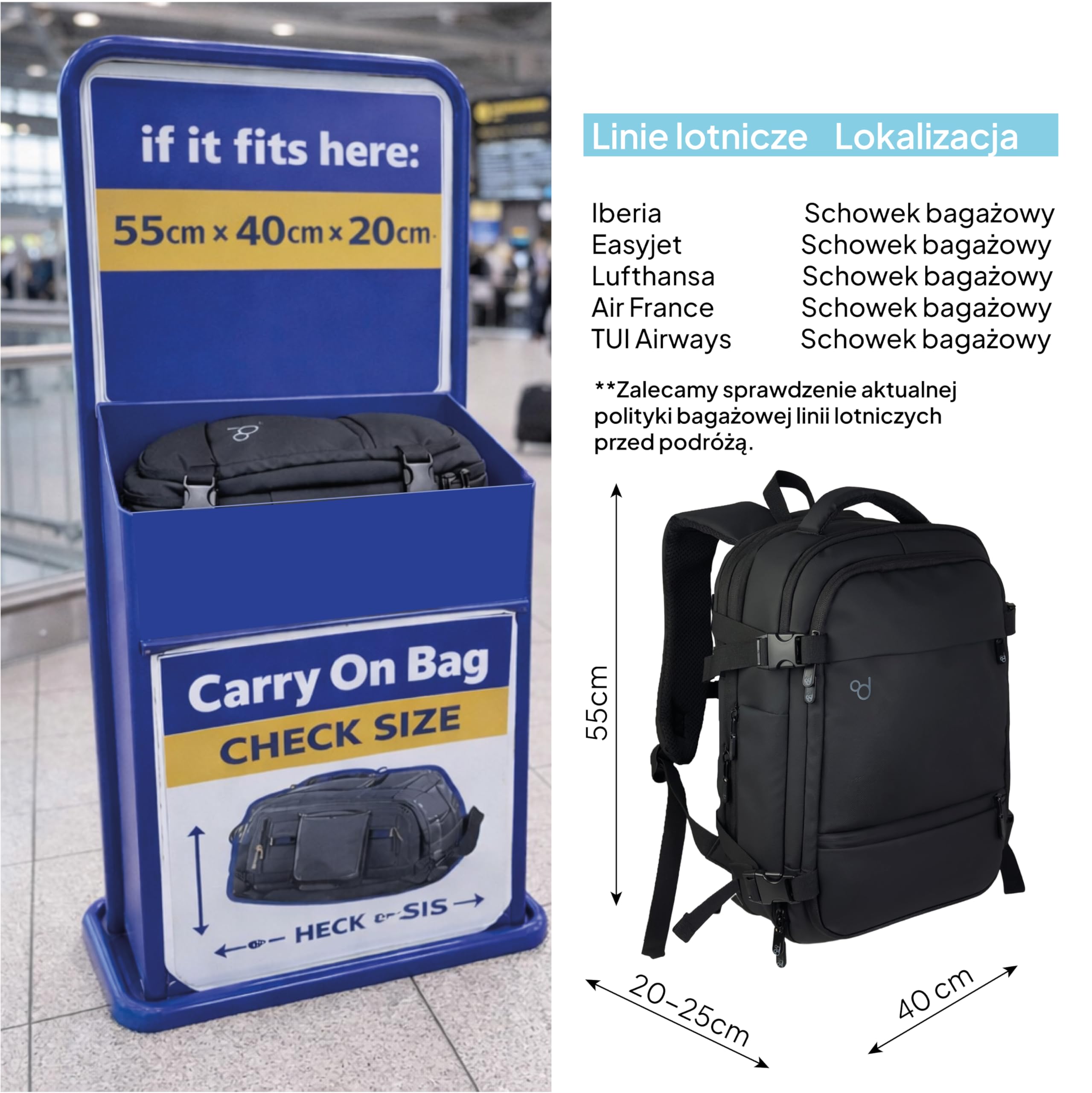OcioDual Plecak podróżny do kabiny samolotu 55x40x20 Bagaż podręczny z możliwością powiększenia do 55x40x25 cm dla (Iberia, Easyjet, Lufthansa, Air France) Męska damska walizka kabinowa Przegroda