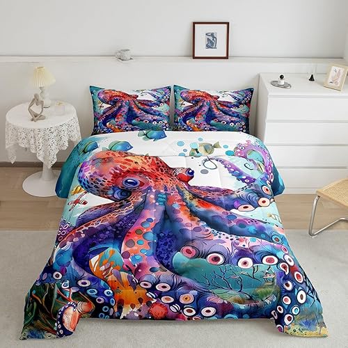 Miniatura 23 de Juego de edredón de olas oceánicas, tamaño Queen, juego de ropa de cama náutica retro con brújula de faro para mujeres, hombres y niños, decoración