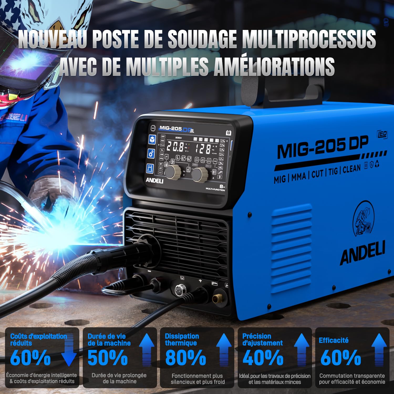 ANDELI 8-in-1 Saldatrice multifunzione 230V - 205A/50A MIG/TIG HF/Plasma | MIG-205DP, Pulsato/Gas/Filo/Pulizia/Freddo/MMA, IGBT, 2T/4T, per Alluminio/Acciaio/Inox, Plasma 50A, Memoria, display HD-LED