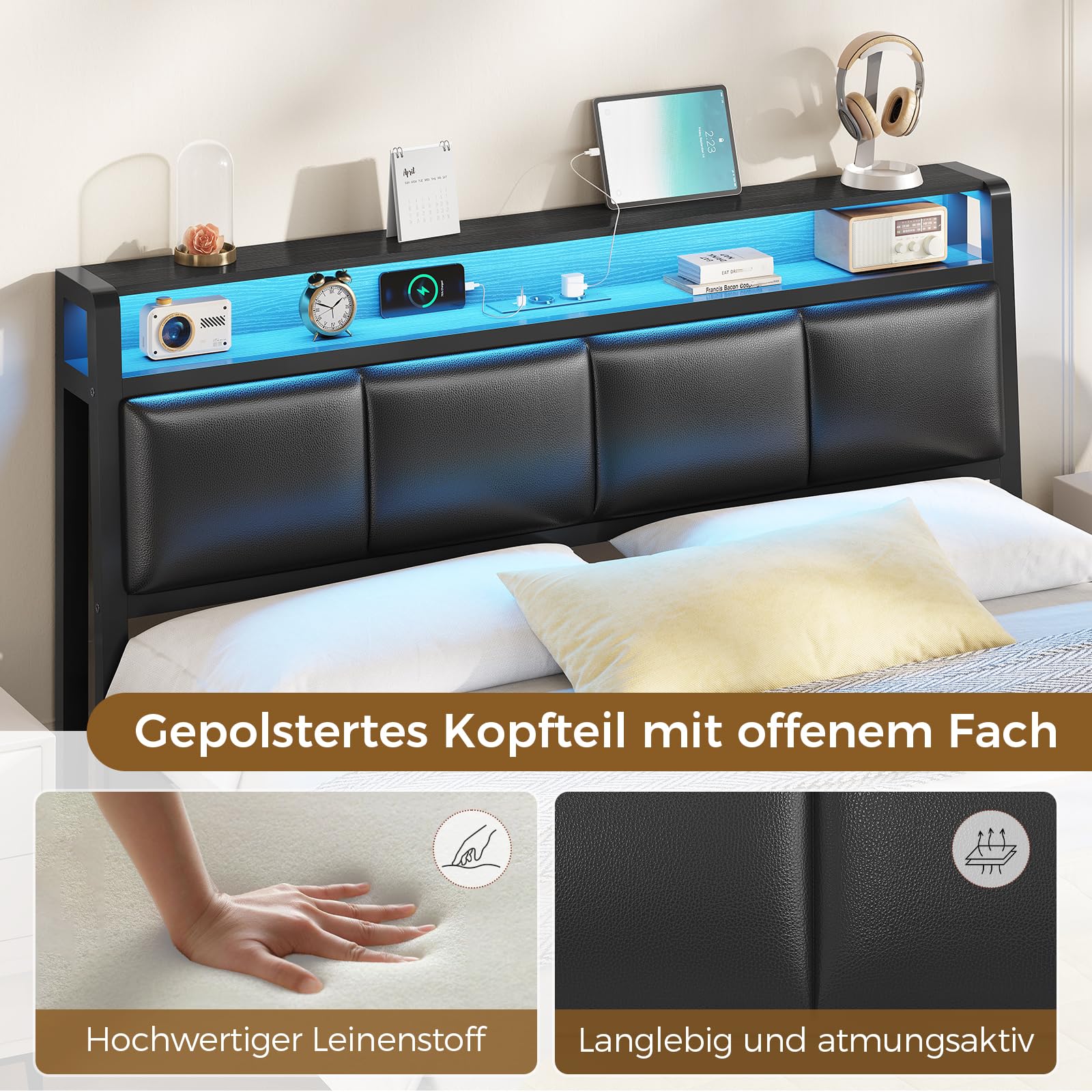 KIMENICH Bett 140 x 200, Bett mit LED-Beleuchtung, Polsterbett 140x200, Ladestation, Bettgestell mit Lattenrost, für Schlafzimmer, Gästezimmer, Schwarz