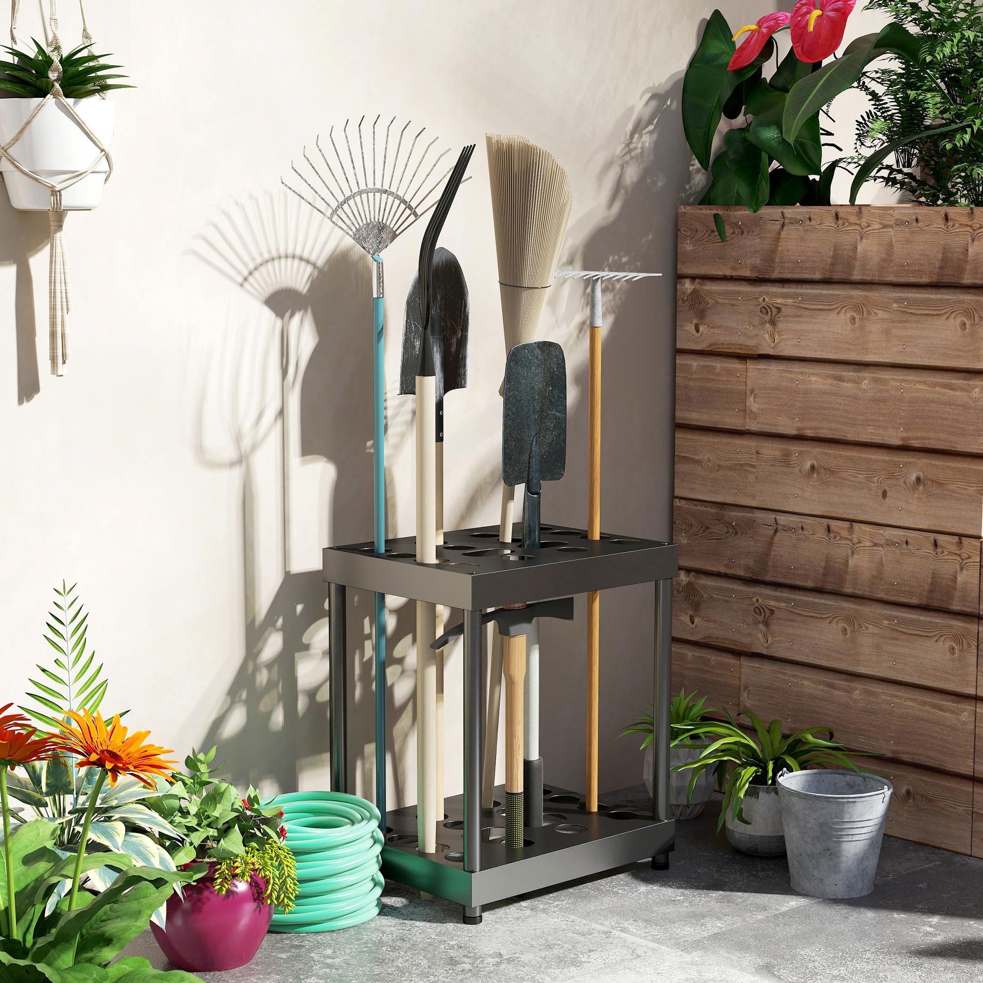 Outsunny Organizzatore per Attrezzi da Giardino, Porta Attrezzi da Giardino a 16 Scomparti a 2 Livelli con Cuscinetti Regolabili per Forbici da potatura, Pale, rastrelli, per capannone, Garage, Nero