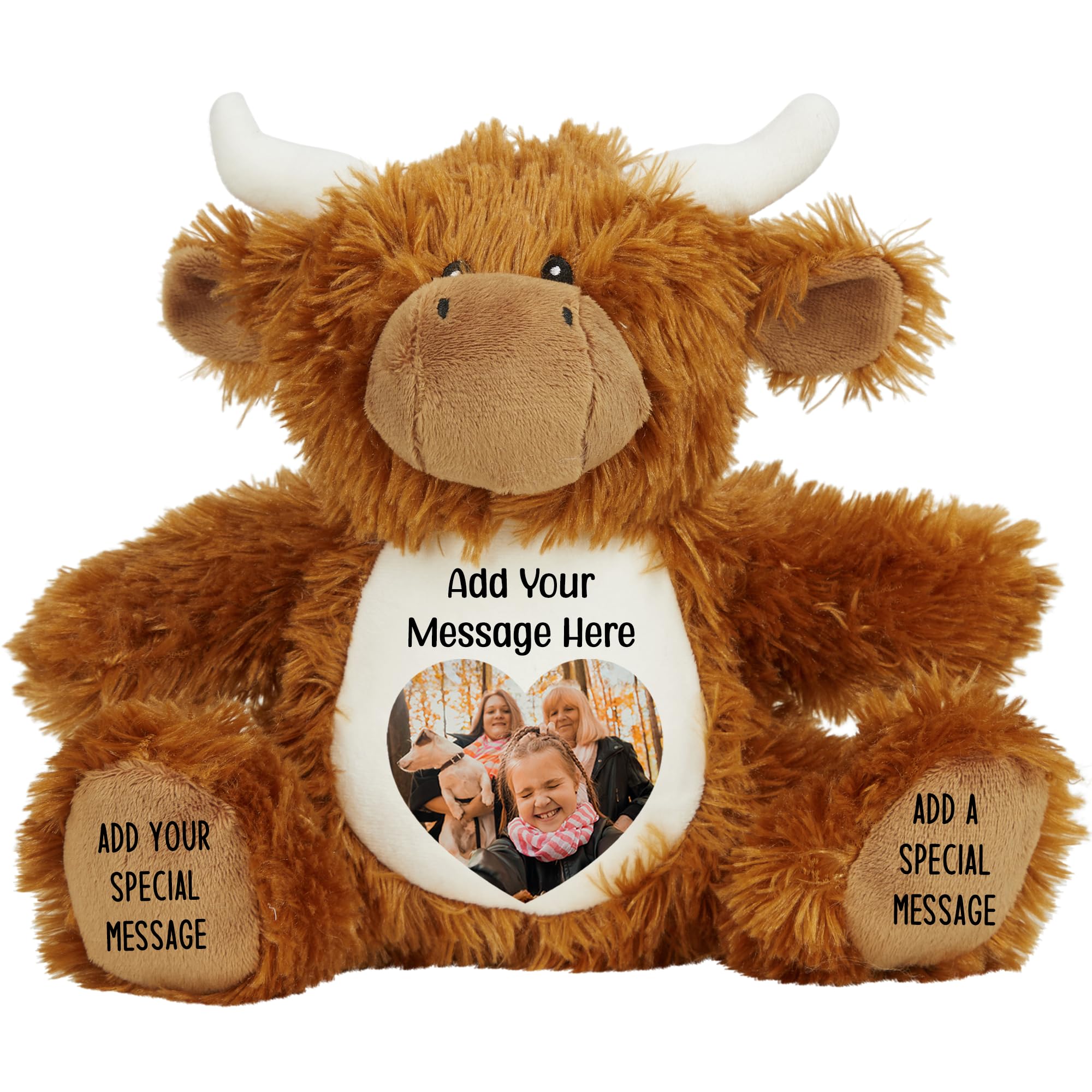 Personalised Photo Teddy Bear – Add Photo on Front & Text on Feet | 28 Styles | Custom Keepsake Gift for Baby, Sympathy, Birthday & More (Orange Highland Cow Teddy Bear)