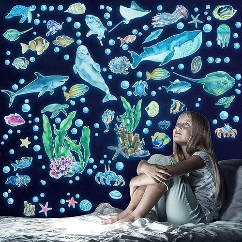 Miniatura 6 de Calcomanías de pared con peces del océano que brillan en la oscuridad calcomanías de pared bajo el mar calcomanías luminosas de animales de la vida