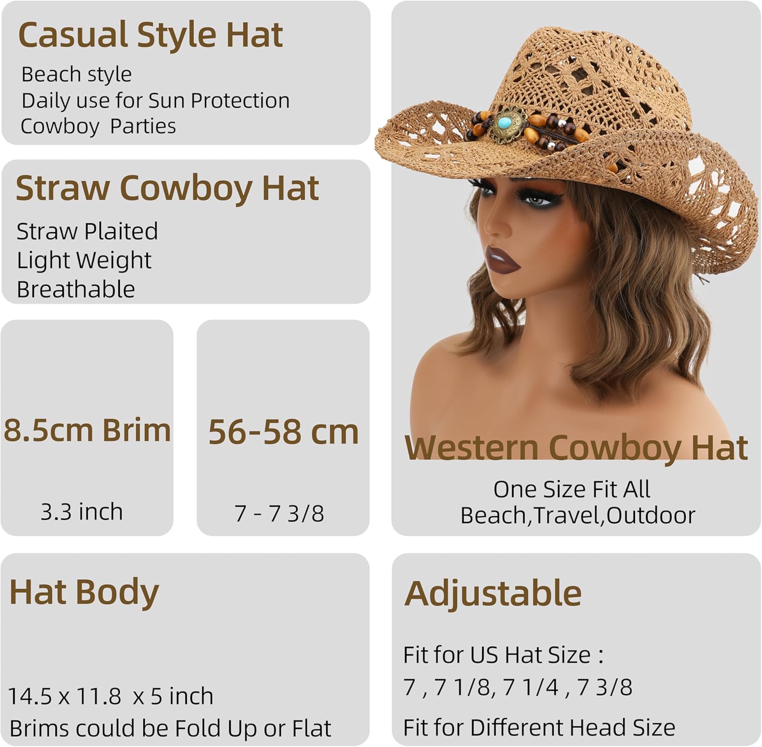 Straw Cowboy Hat, Western Cowgirl Hat, Wide Brim Sun Beach Hat for Men and Women - Image 5