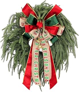 24 Inch Norfolk Pine Wreath with Large Merry Christmas Bow – Real Touch Norfolk Pine Winter Holiday Green Wreath for Front Door, Weatherproof Outdoor Porch Decoration, Includes Storage Bag