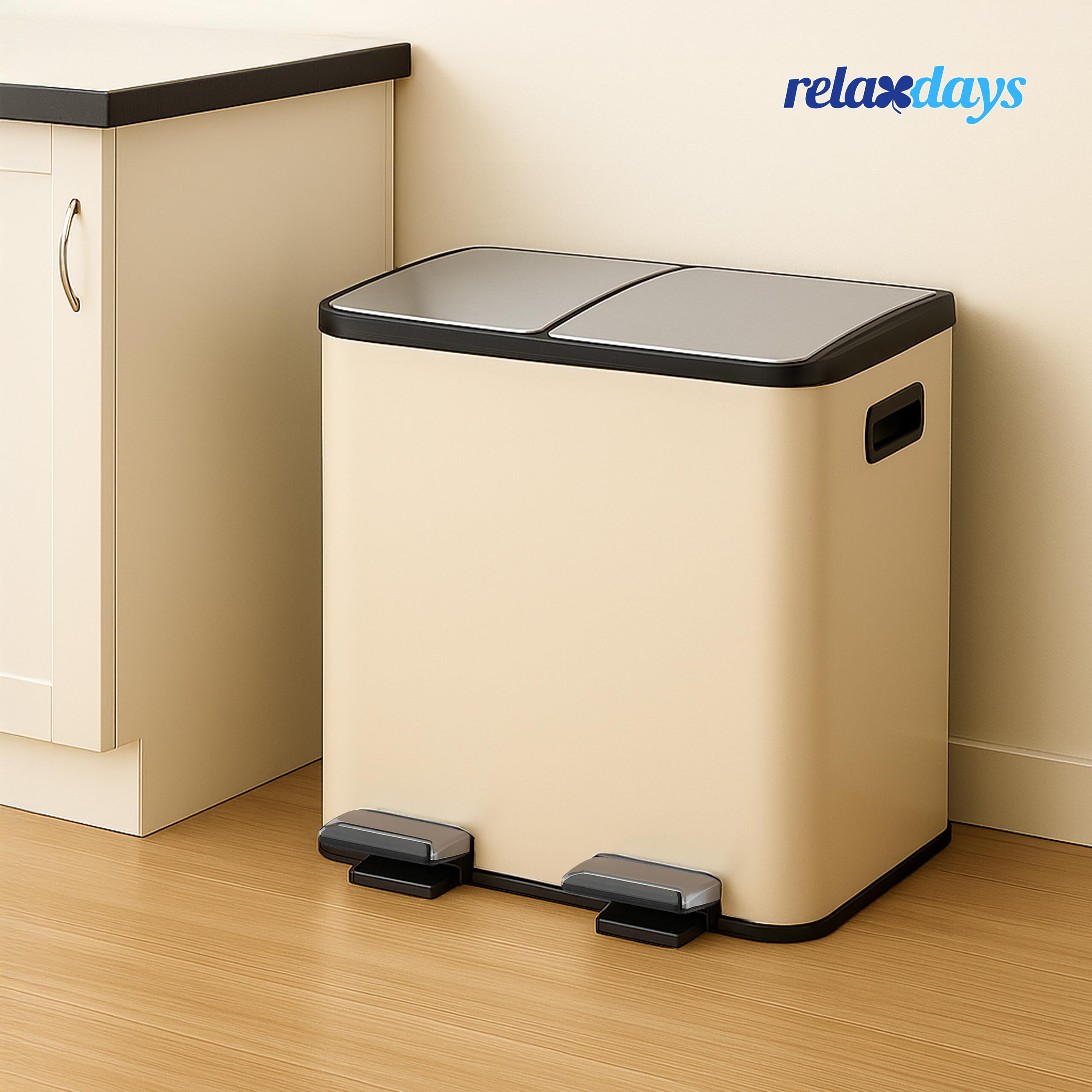 Relaxdays Mülleimer, 2 Fächer, je 15 Liter, entnehmbare Inneneimer, Fußpedal, Küche, Tretmülleimer, Eisen, beige/Silber