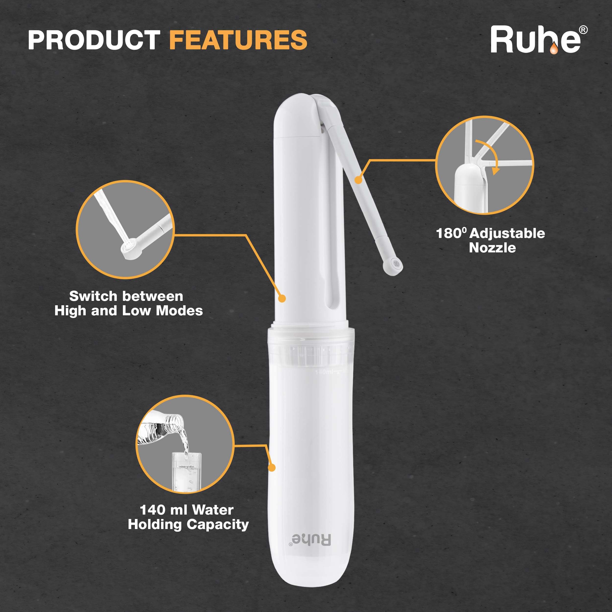 Ruhe Portable Handheld bidet 180° Adjustable | 2 Modes | Travel Friendly 140ML, Electric Bidet Nozzle (White) Battery Operated Bidet Compact Lightweight | Adjustable Speed &Water Spray, 1 Year Warranty 1