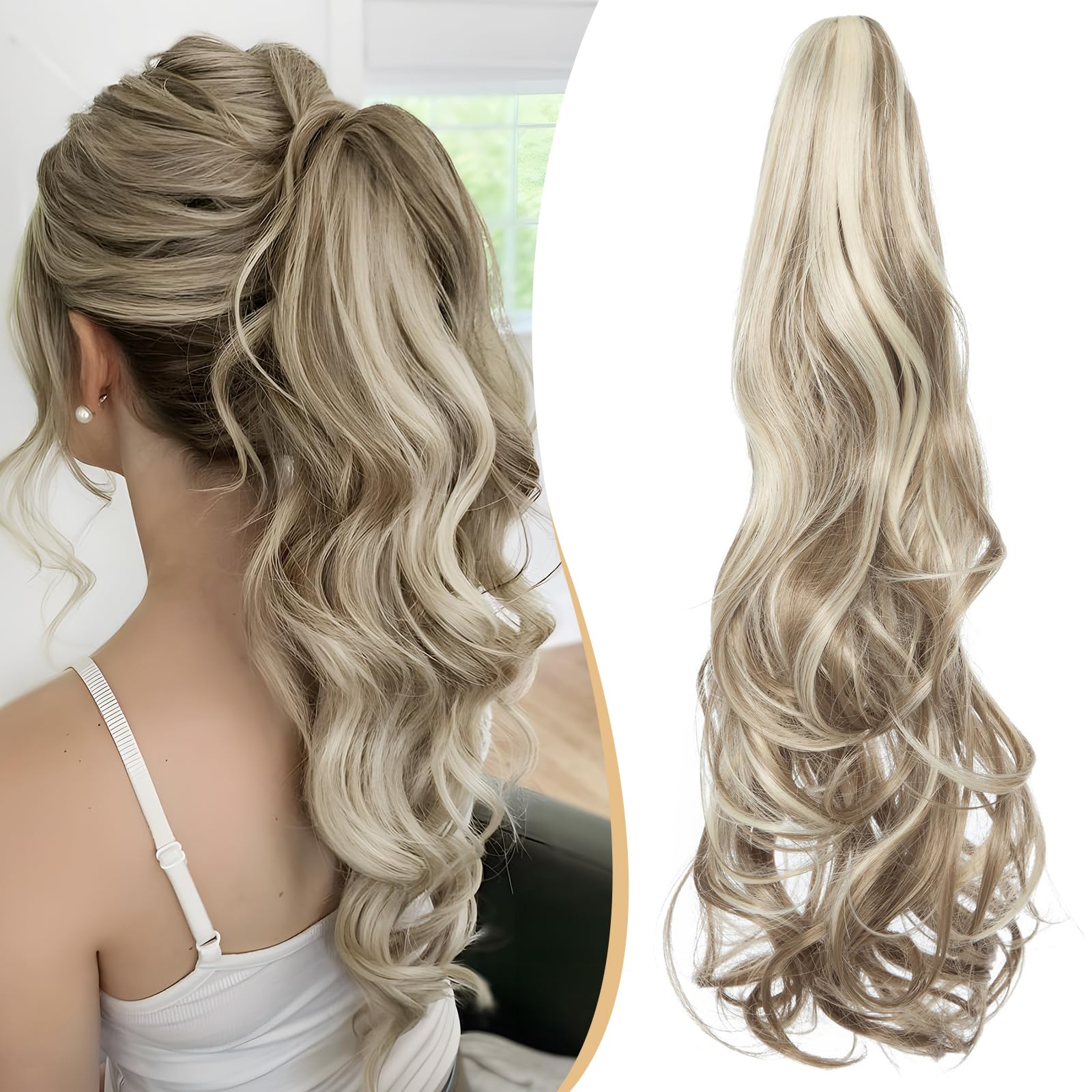 Benehair Claw Clip in Ponytail Hair Extensions 18 Inches Long Curly Wavy Ponytail Extensions Synthetic Ponytail Light Brown mix Blonde Hair Pieces for Women(Light Brown mix Blonde