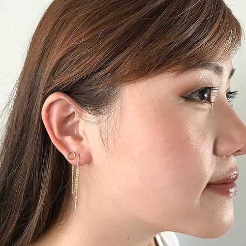 Miniatura 2 de Double Piercing Earrings - Two Hole Earrings for Women - Silver, Gold and Rose Gold - Pull Through Chain Link Earrings (14k Gold Filled)