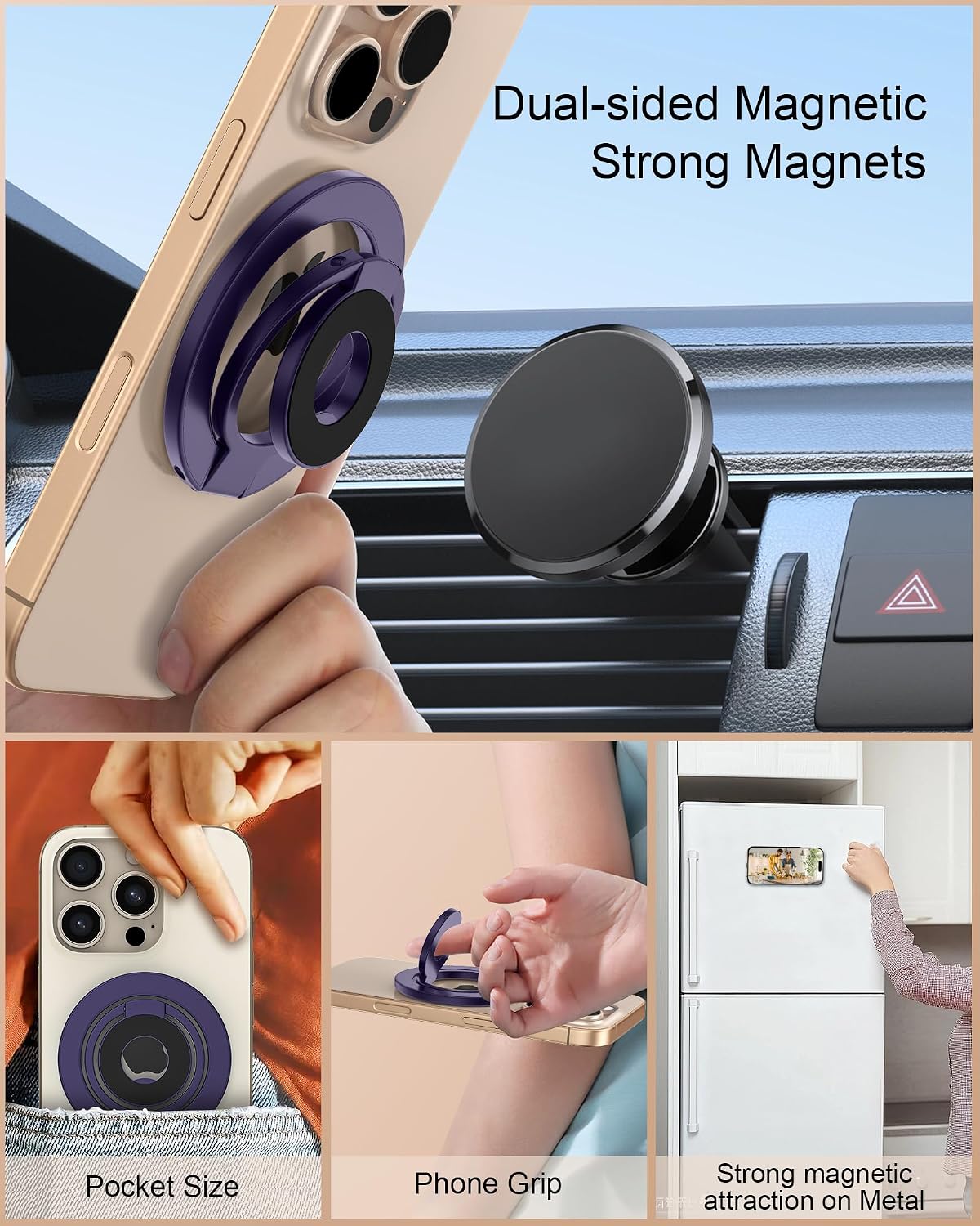 AILKIN Magnetic Phone Ring Holder Grip, Foldable MagSafe Stand Grip for iPhone 17e, Samsung, Two-Sided Magnetic Phone Kickstand for Desk Stand & Car Mount, Compatible with Wireless Charging - Purple