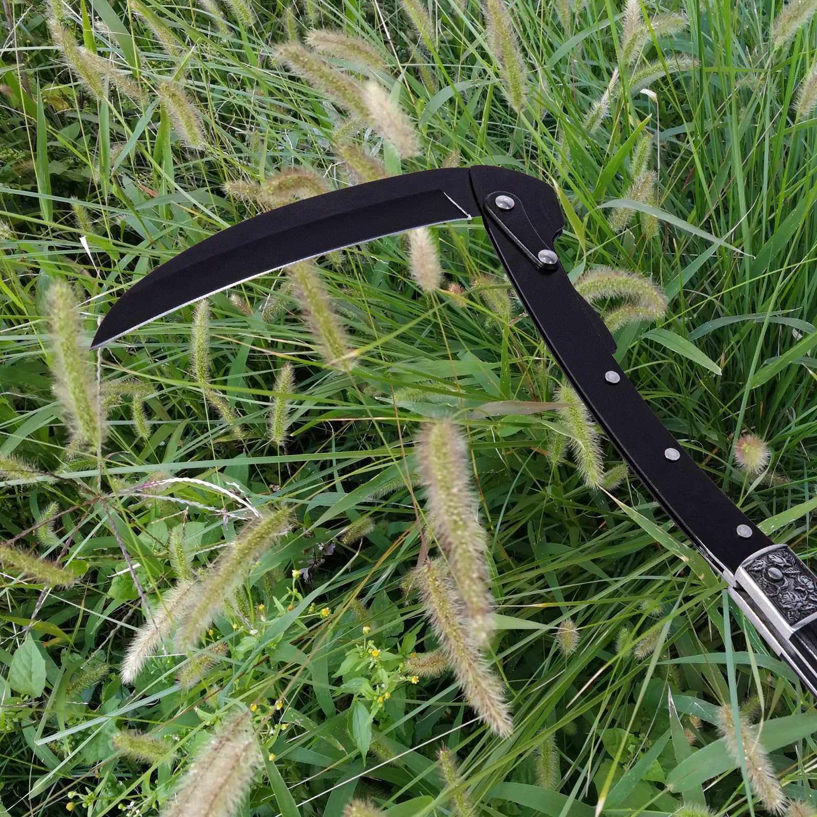 Falce da giardino pieghevole, falciole, pieghevole, con fodero, facile da trasportare, attrezzi da giardino per la raccolta di piante, regalo per uomini, nero, affilato