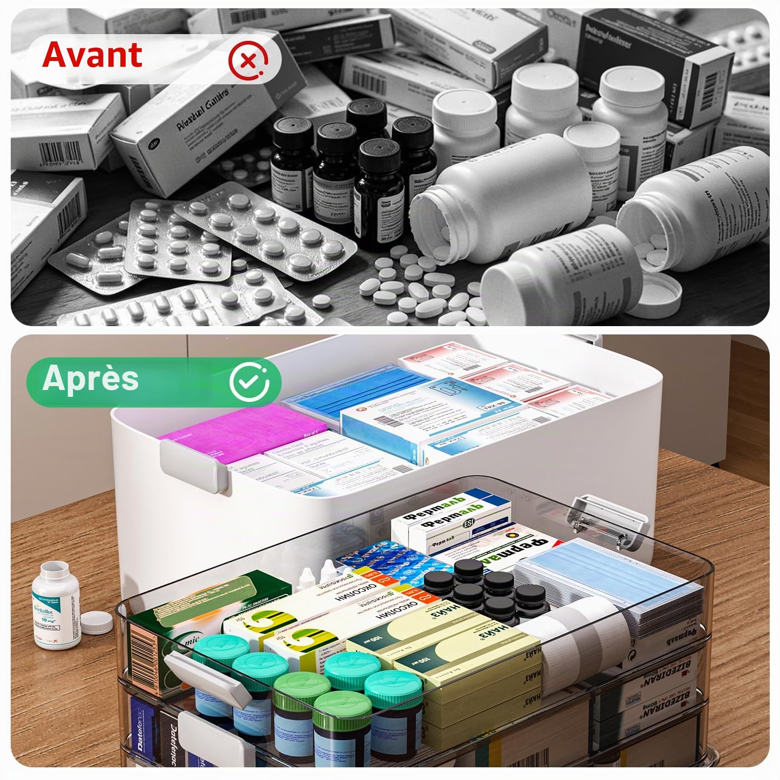 Boîte de rangement pour médicaments MOPUP à quatre compartiments avec poignée de transport, organisateur de médicaments multifonctionnel, boîte de rangement pour l'armoire à pharmacie (Extra large)