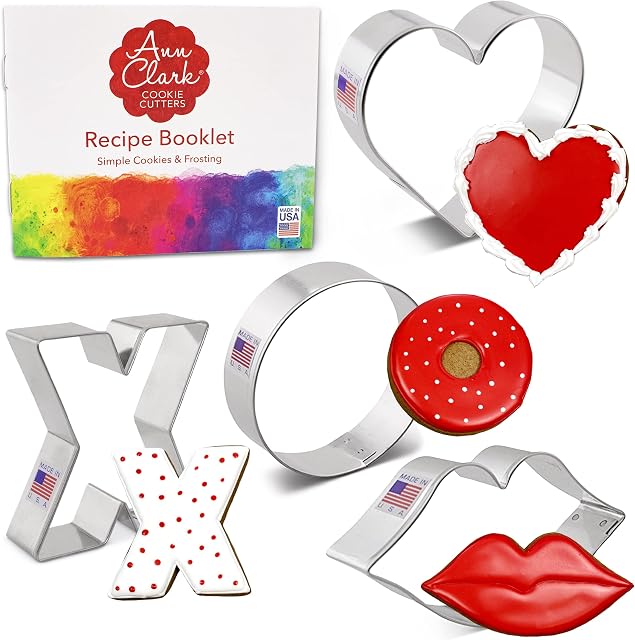 Valentines Cookie Cutters 4-Pc. Set Made in The USA by Ann Clark, Lips, Heart, X, and O