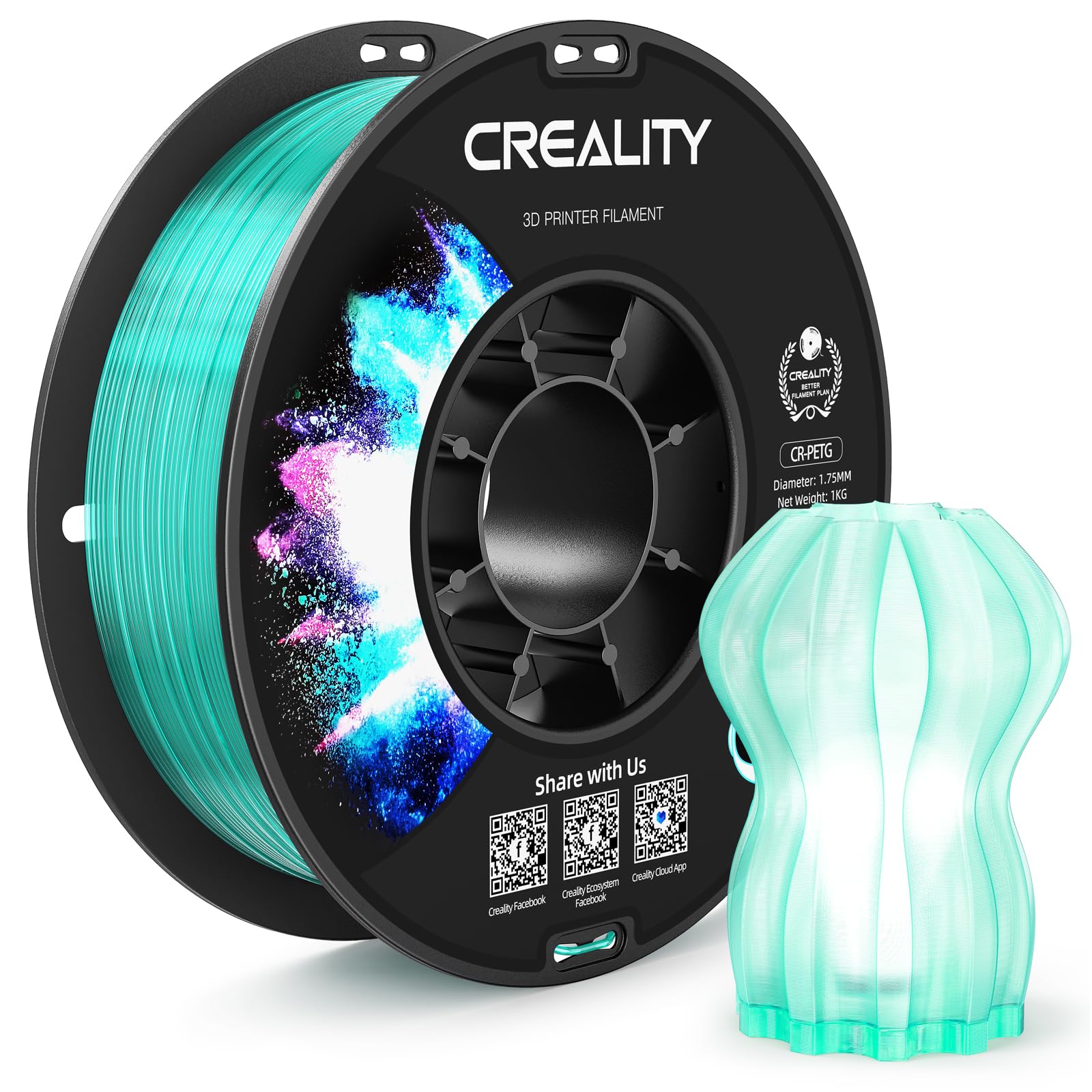 CREALITY PETG Filament 1.75mm 3D Printer Filament, 1kg (2.2lb) Neatly Wound Spool, Dimensional Accuracy ±0.03mm, Fit for Ender, Bambu Lab, ELEGOO FDM Printers, Translucent Cyan