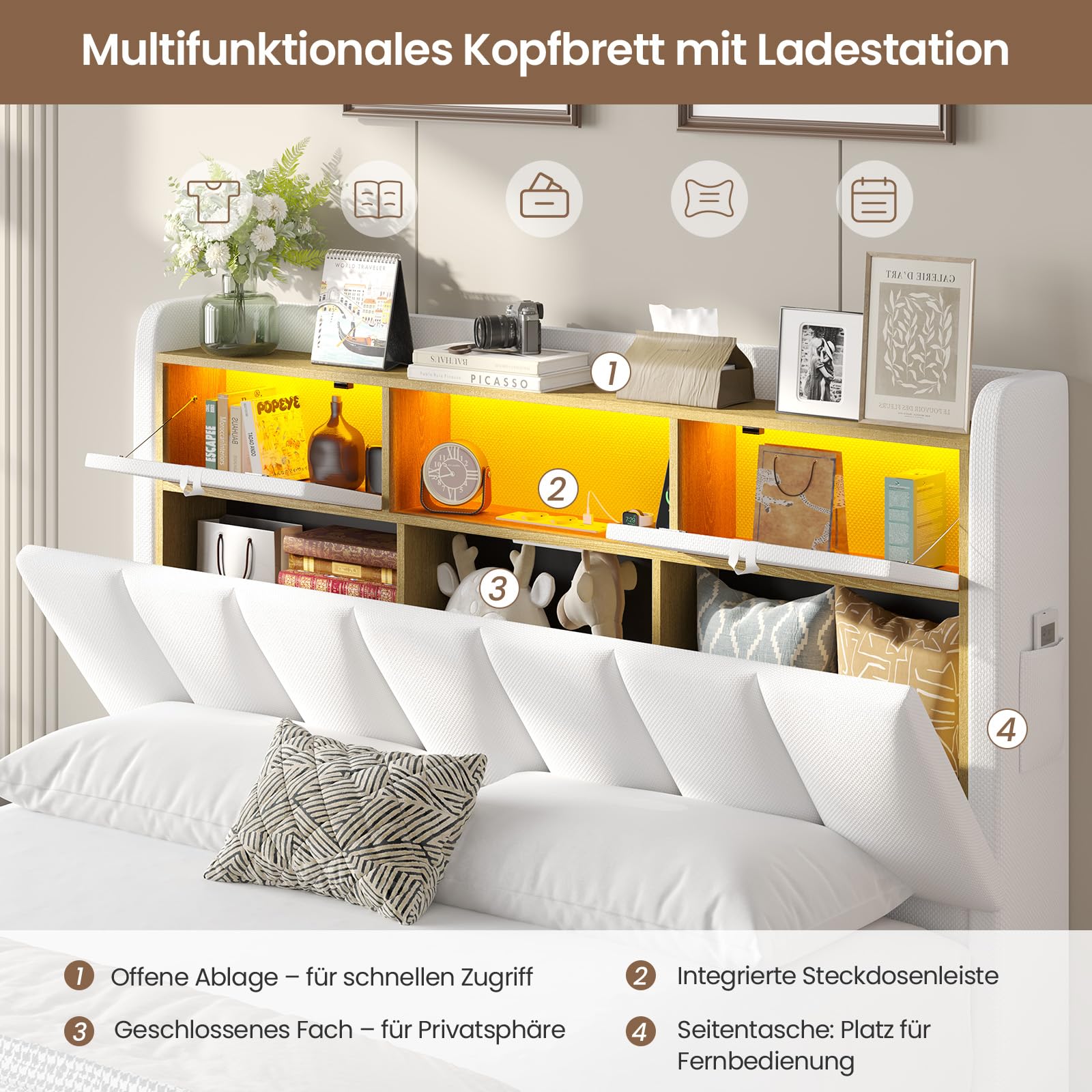 DICTAC Bett 140x200 mit Lattenrost & LED Beleuchtung – Stauraumbett mit Bettkasten, Polsterkopfteil & USB Ladestation – Weißes Polsterbett 140x200, Doppelbett für Jugendliche & Erwachsene