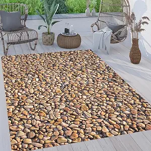 Coastal Beach Pebble Pattern Outdoor Rug 2x3 Washable Reversible Waterproof Thin Easy Clean Durable Beige Brown Outside Carpet for RV Camping Poolside Deck Balcony Garden Low Pile Floor Mat