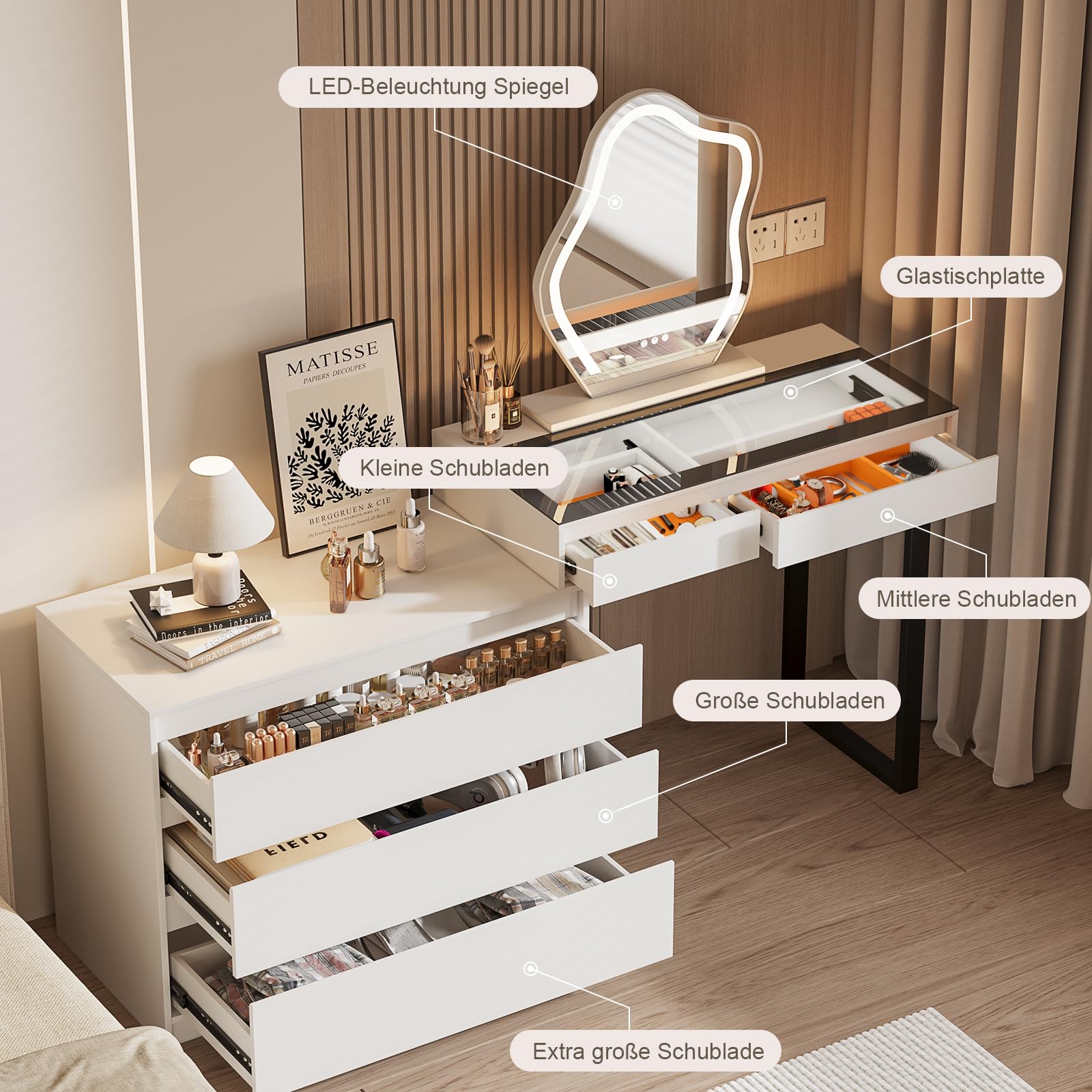 BROTTAR Schminktisch mit Verstellbaren LED-Beleuchtung, Dressing Table mit Spiegel, Vanity Desk mit 5 Schubladen, Ecke Vanity, L-Form ändern, Eckschminktisch mit Glasplatte, Weiß