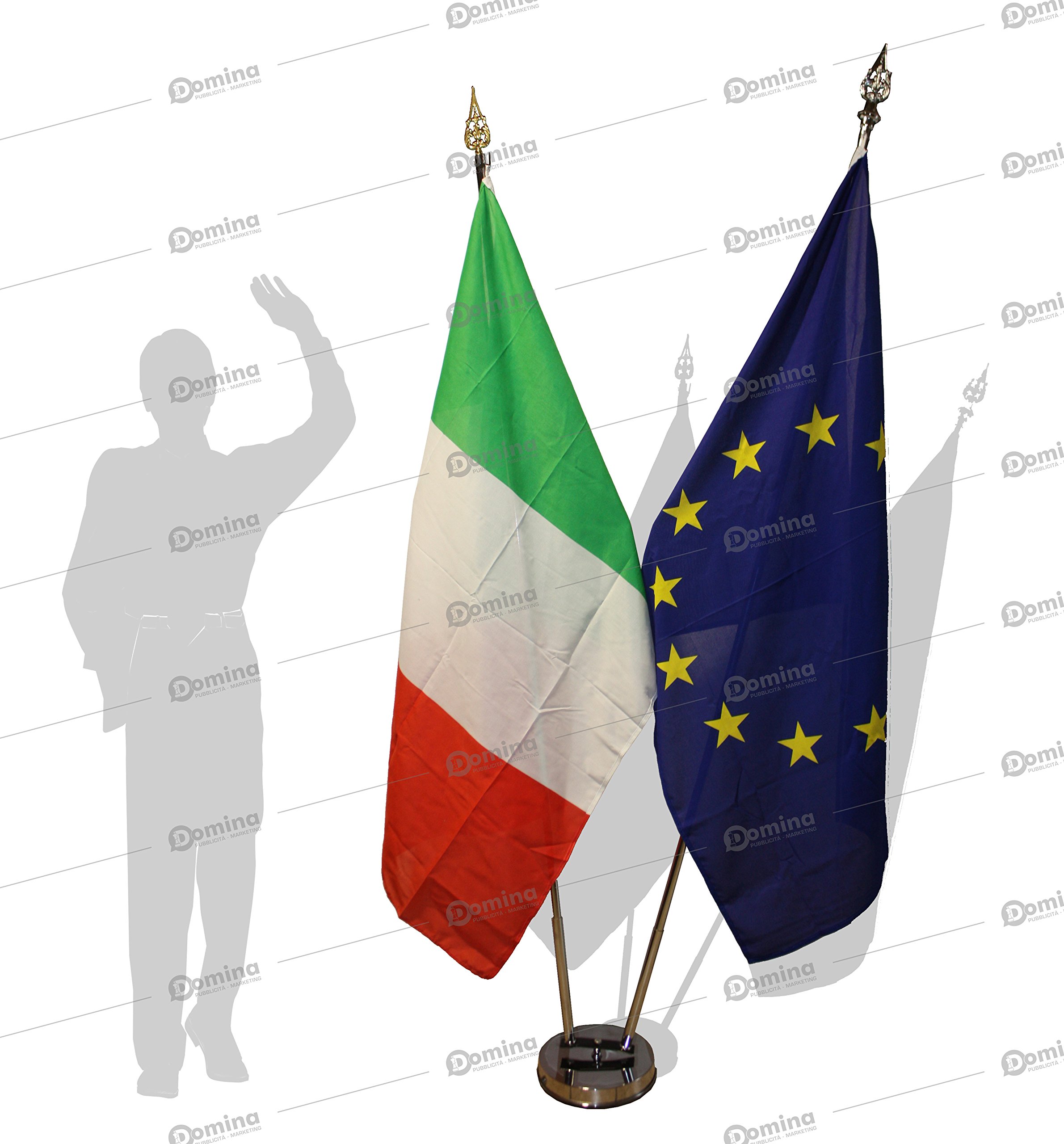 Kit Bandiera da Sala 3 posti in Acciaio Inox con Base da 280mm, Kit da Interno per Bandiere Completo di 3 aste in Acciaio da 200cm, Supporti tendi Bandiera in plexiglass, Lance e viteria