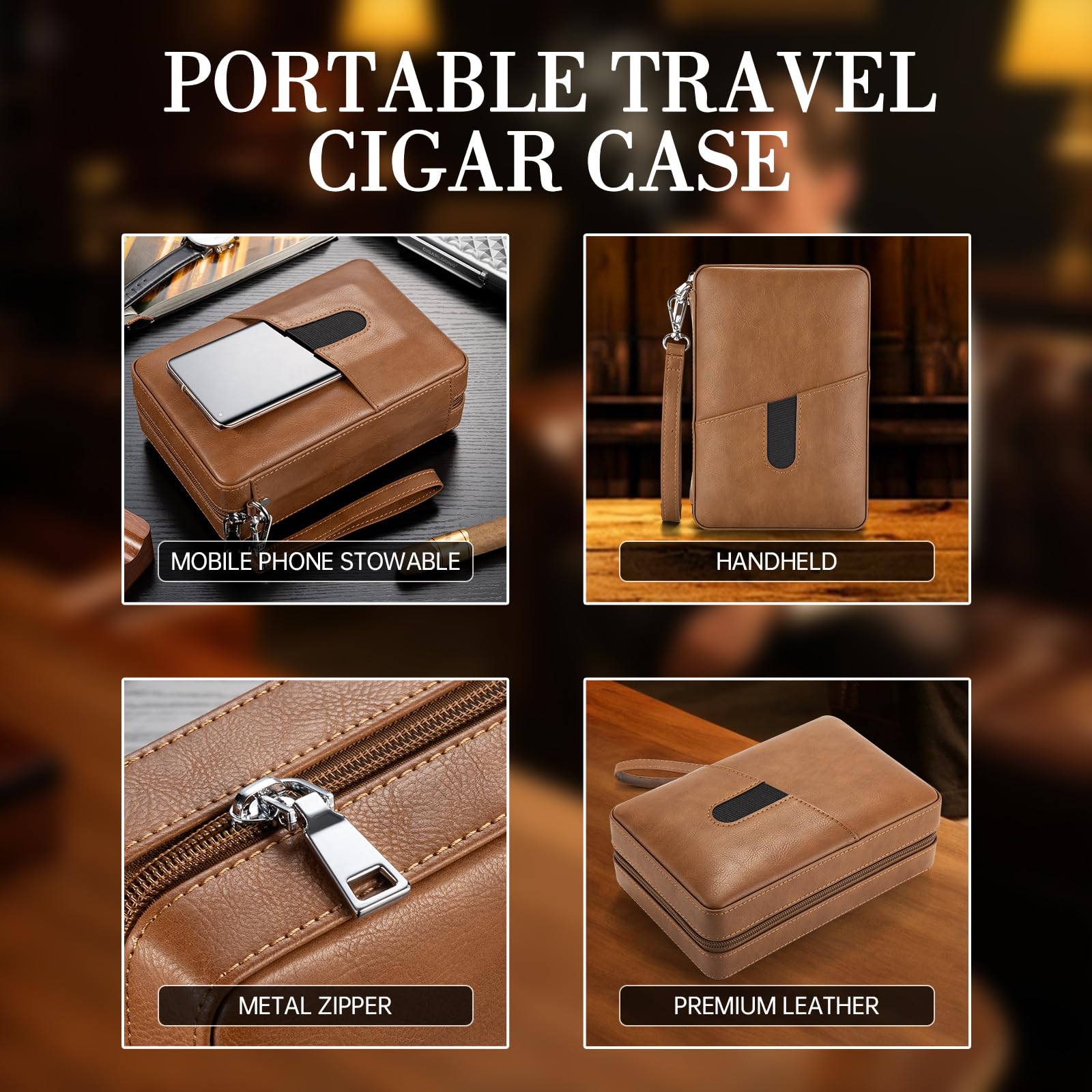 Custodia per sigari da viaggio in pelle, con igrometro e umidificatore, borsa per accessori per sigari, umidificatore portatile da viaggio, offre spazio per 6 sigari, scatola per sigari per uscire