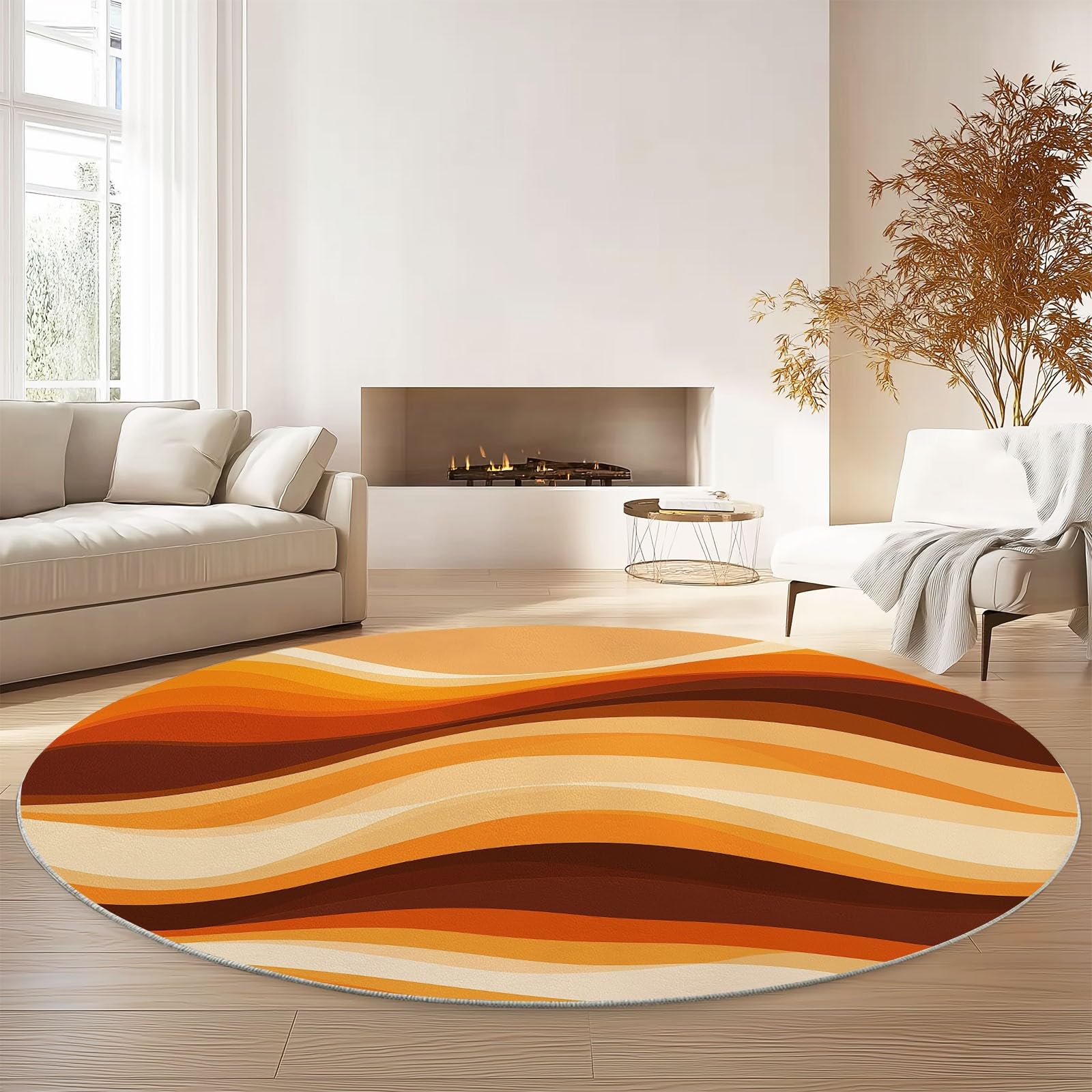 Tapis Rond Design Rétro Vagues Orange et Marron, Diamètre 140 cm Ambiance Années 70 Parfaite pour Salon Vintage ou Bureau, Flanelle Douce à Poils Ras, Base Antidérapante Stable, Pliable, Lavable