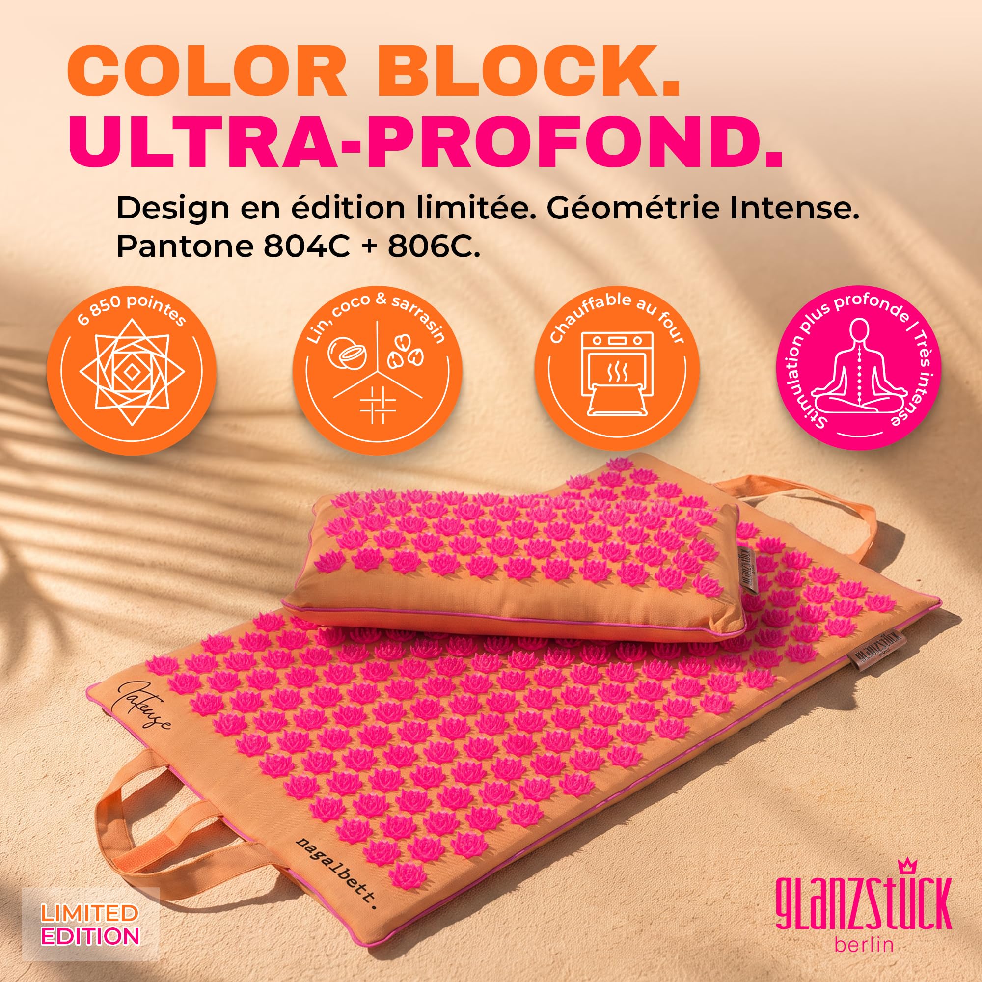 Glanzstück Berlin® Health Collection - Tapis d'acupression XL Intense Color en lin - Aide à soulager les tensions et les maux de dos - Tapis de massage avec coussin (fonction chauffe) et sac - Durable