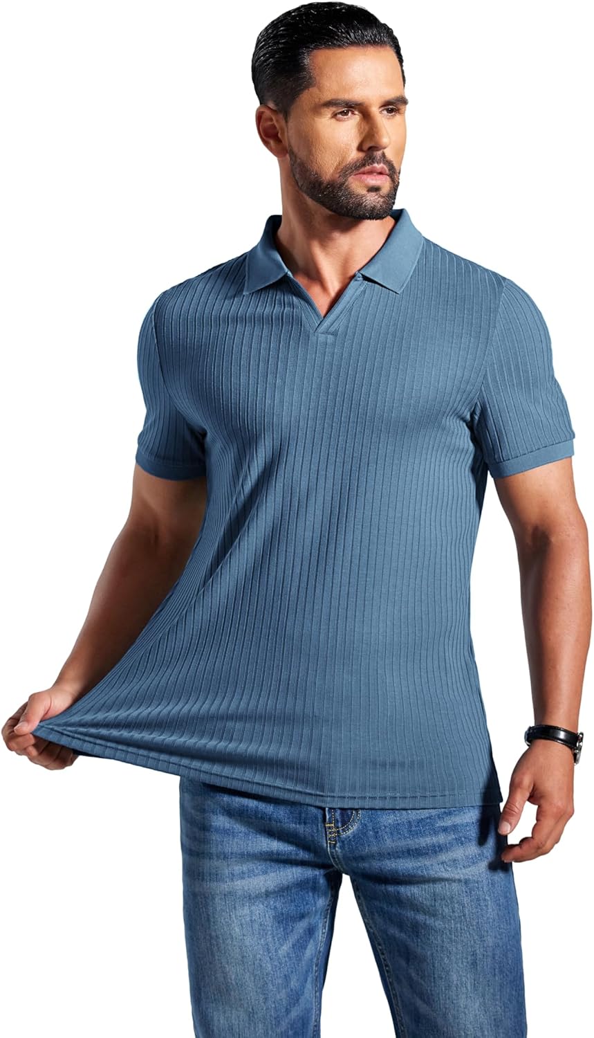 COOFANDY Men's Ribbed Polo Shirts Short Sleeve V Neck Slim Fit Polo T-Shirt Casual Summer Collared Golf Shirt - Image 6