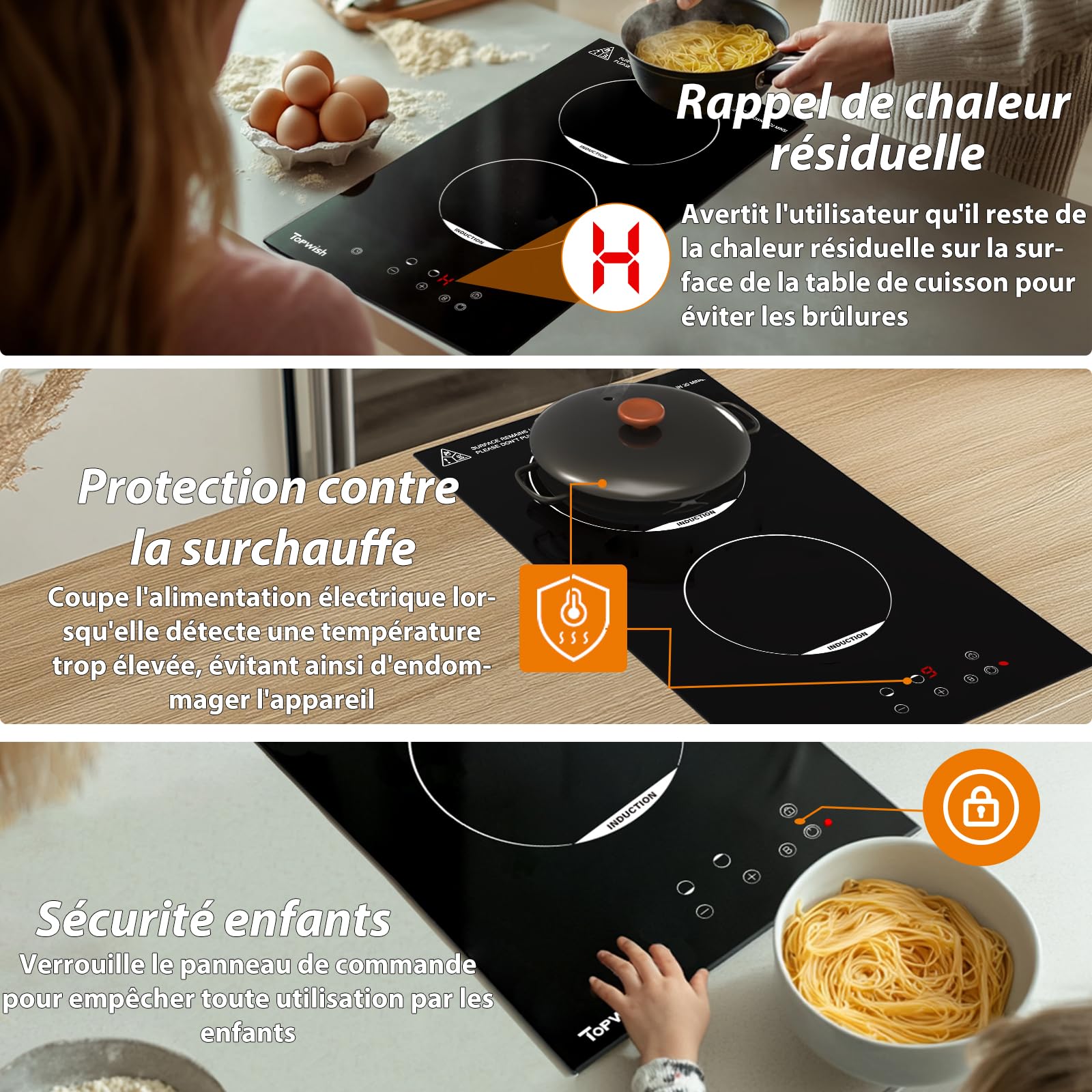 Topwish plaque induction 2 feux, plaque de cuisson induction 2 feux, plaque de cuisson electrique 30cm con verrou de sécurité, funzione Boost, voyant de surface chaude, protection d'extinction, 3500W
