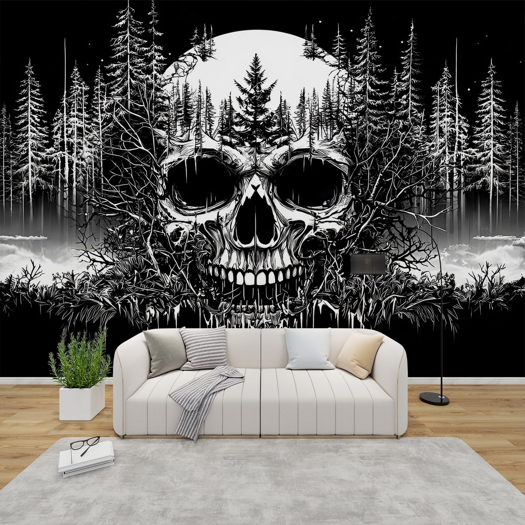 QEODAH Skull Mural Wallpaper for Living Room, Gothic Forest Wall Art for Bedroom, Horror Goth Wall Murals for Bedrooms, Renter Friendly Removable Waterproof Non-Woven Photo Wallpaper 3D, 300x210 cm