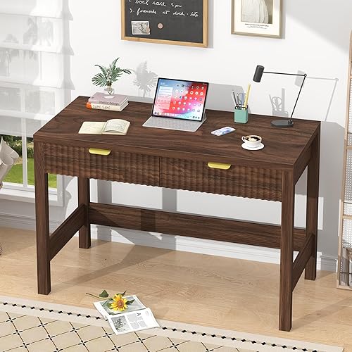 Miniatura 4 de Escritorio estriado para computadora con 2 cajones, escritorio pequeño de computadora de 39 pulgadas con almacenamiento, escritorio de estudio