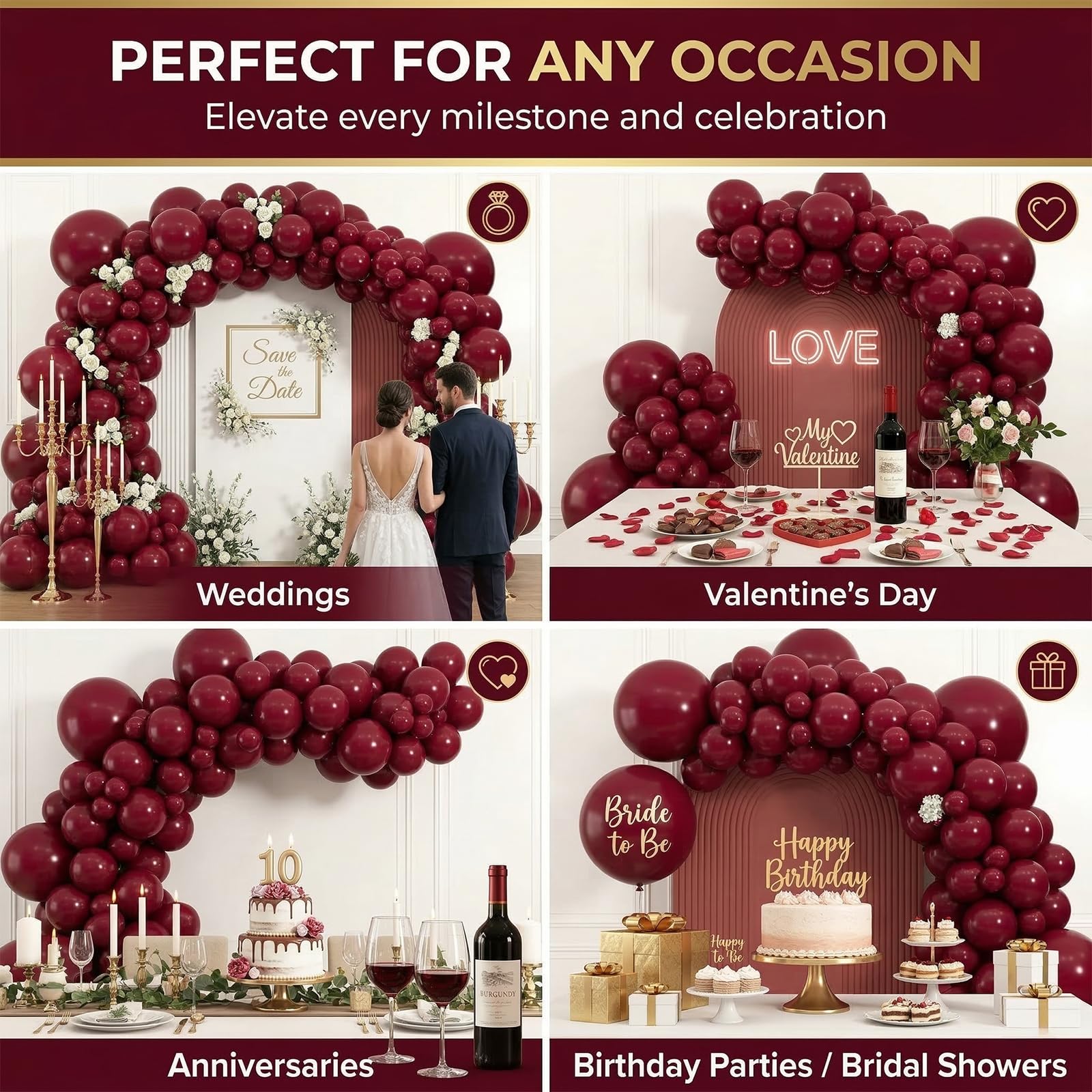 104 Stück Burgunderrote Ballon-Girlanden-Bogen-Set, verschiedene Größen, 45,7 cm, 30,5 cm, 25,4 cm, 25,4 | Kastanienbraune Latex-Luftballons für Geburtstag, Hochzeit, Babyparty, Valentinstag, Party-Dekoration