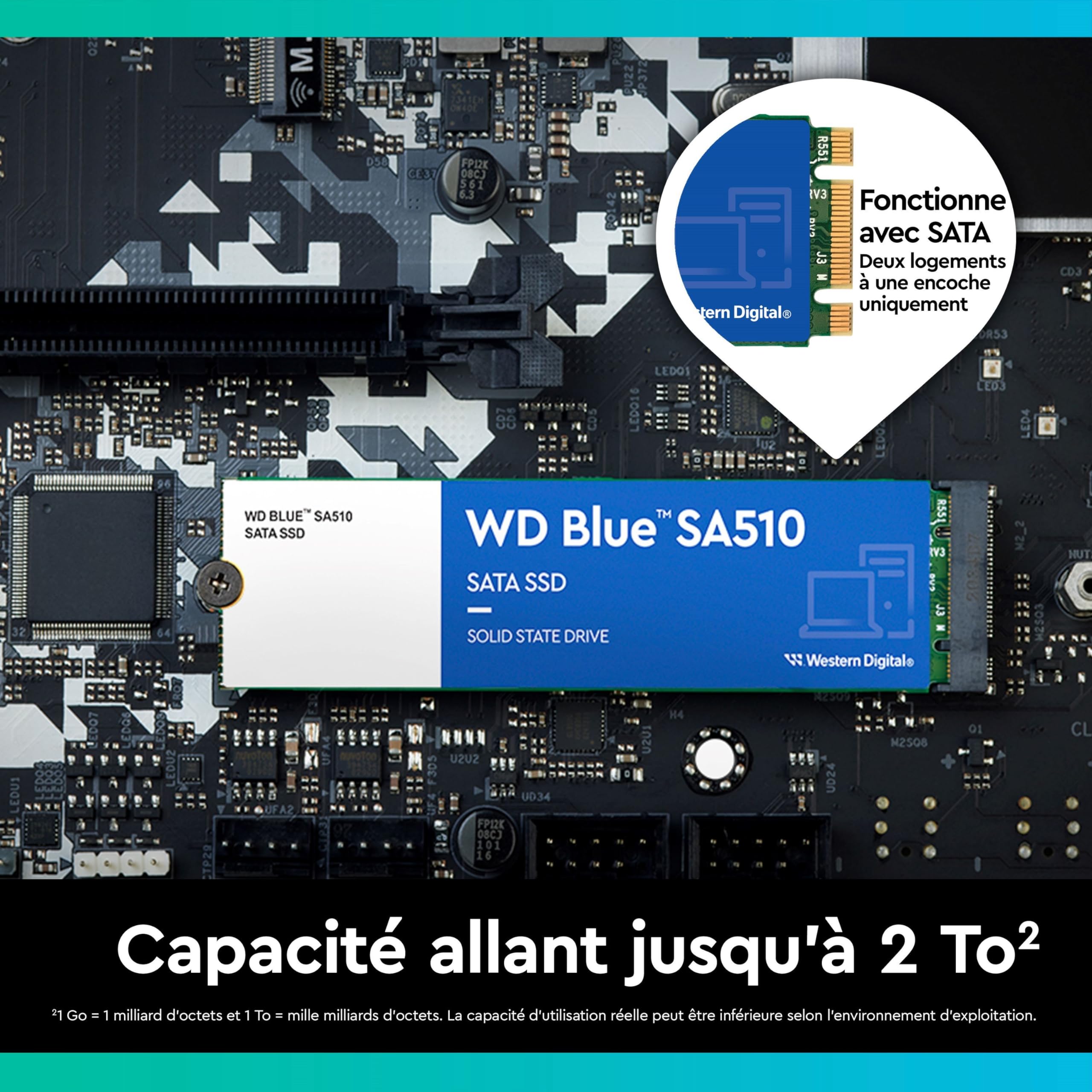 WD Blue SA510 M.2 SATA SSD 2 To (Jusqu'à 560 Mo/s de lecture, Disque SSD interne, Comprend Acronis True Image for SANDISK, Clonage de dique et migration) POWERED BY SANDISK