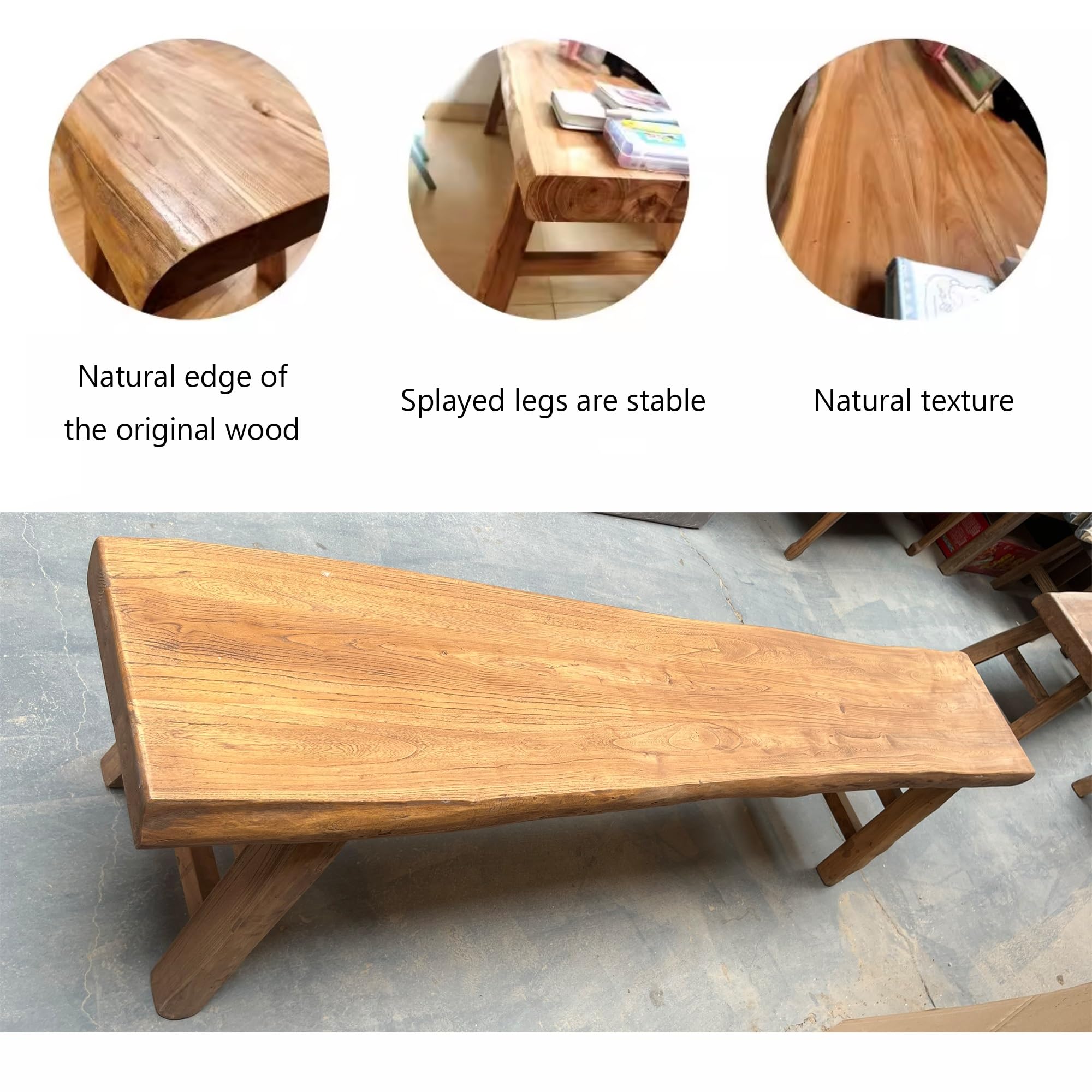 Banc de Salle à Manger d'intérieur en Bois Massif de Style Ferme, Banc étroit à Bord Naturel, Bout de lit de Chambre, d'entrée de Cuisine en Bois Asiatique avec Design sans accoudoirs