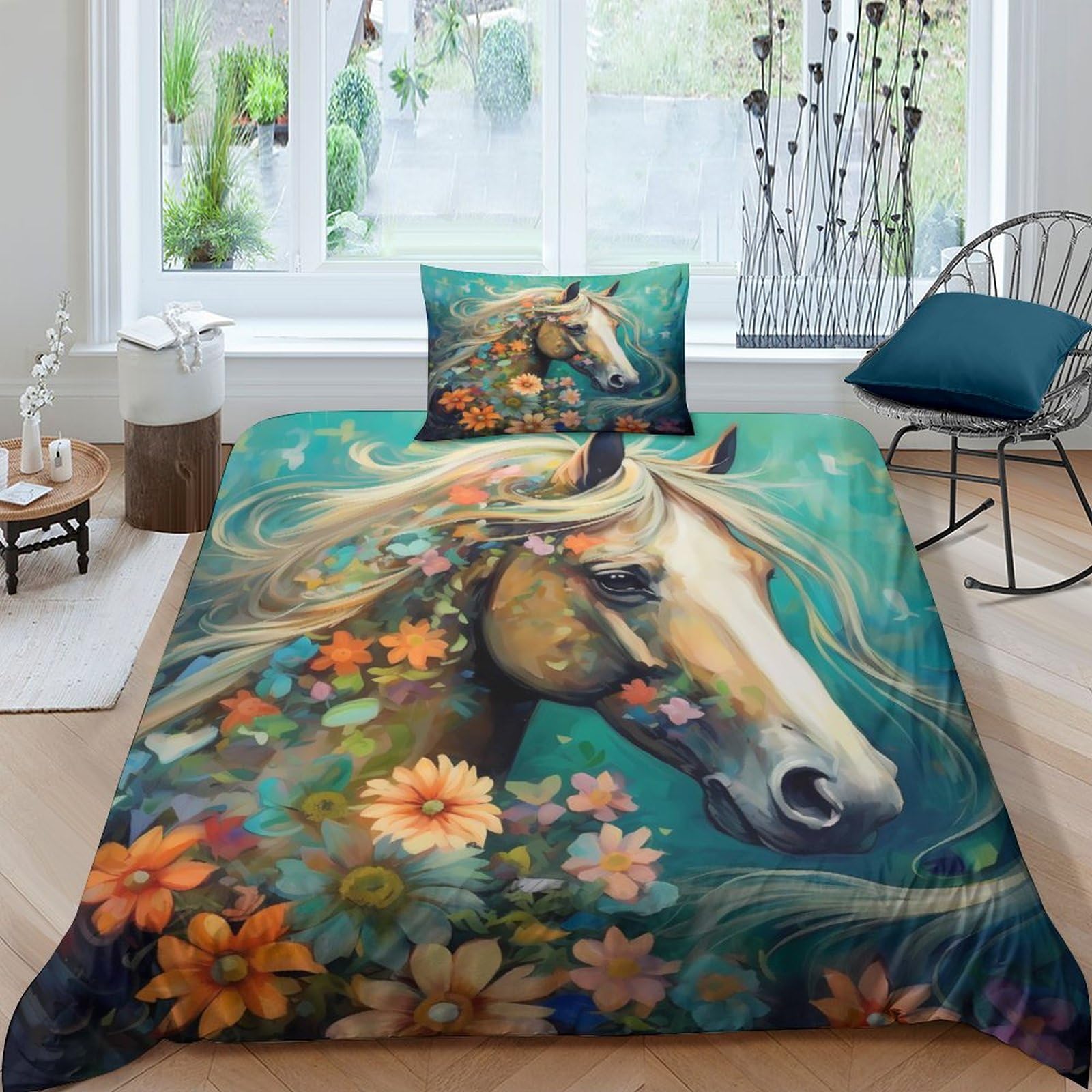 Housse de couette fleurs chevaux 3D pour lit simple 135x200cm anti-glissement