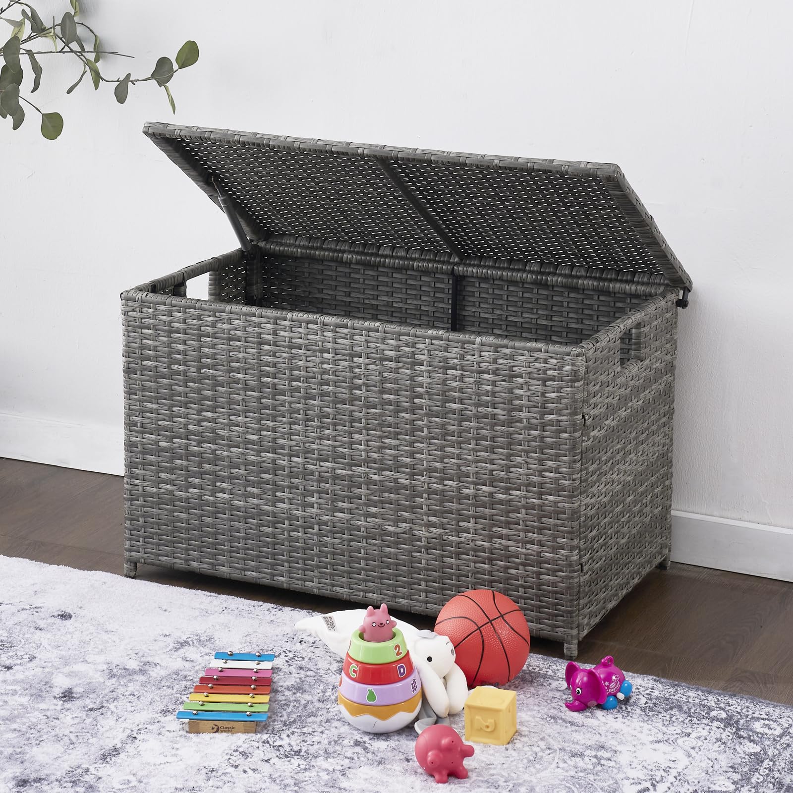 Baúl de almacenamiento de mimbre, 30 x 17 x 18 pulgadas, 160 L, baúl de mimbre tejido a mano con tapa que se mantiene abierta, soporta 200 libras, color gris