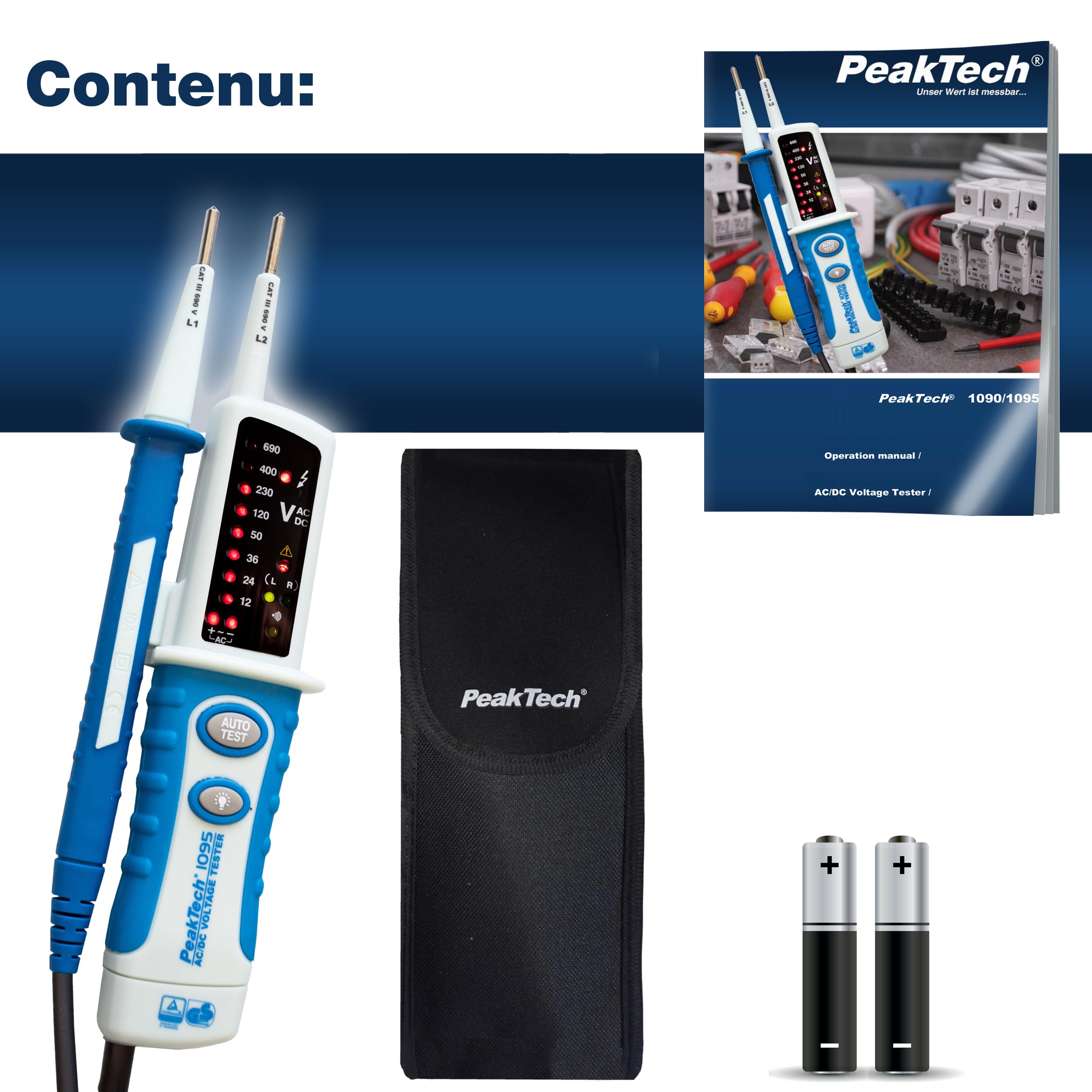 PeakTech 1095 – Testeur de Tension AC/DC 2 Pôles, Affichage LED, Résistant à la Poussière et aux Éclaboussures (IP64), Testeur de Continuité, Voltmètre 12V - 690V
