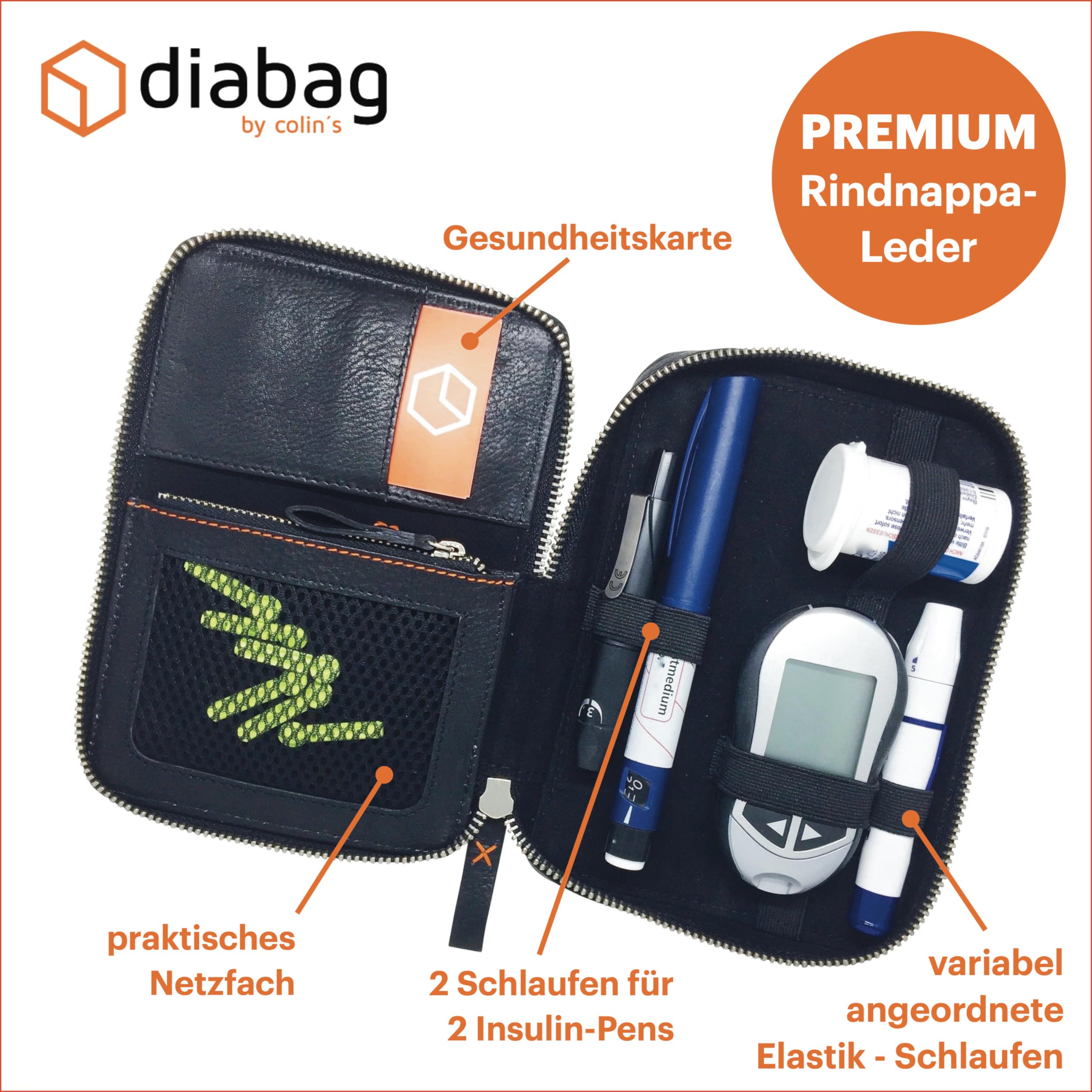 Premium Diabetikertasche aus Nappaleder für unterwegs - Isolierende Insulintasche als täglicher Begleiter. Diabetes Organizer für Blutzuckermessgeräte, Insulin-Pens, Lanzetten und Zubehör.