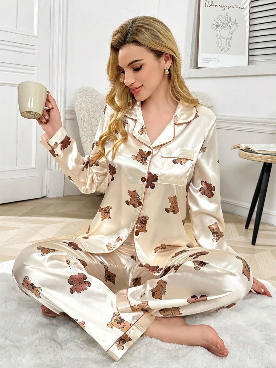 SweatyRocks Women's Silk Stain 2 Piece Pajama Set Bear Print Long Sleeve Button Down Loungewear and Pants Pj Sets Sleepwear - Image 3