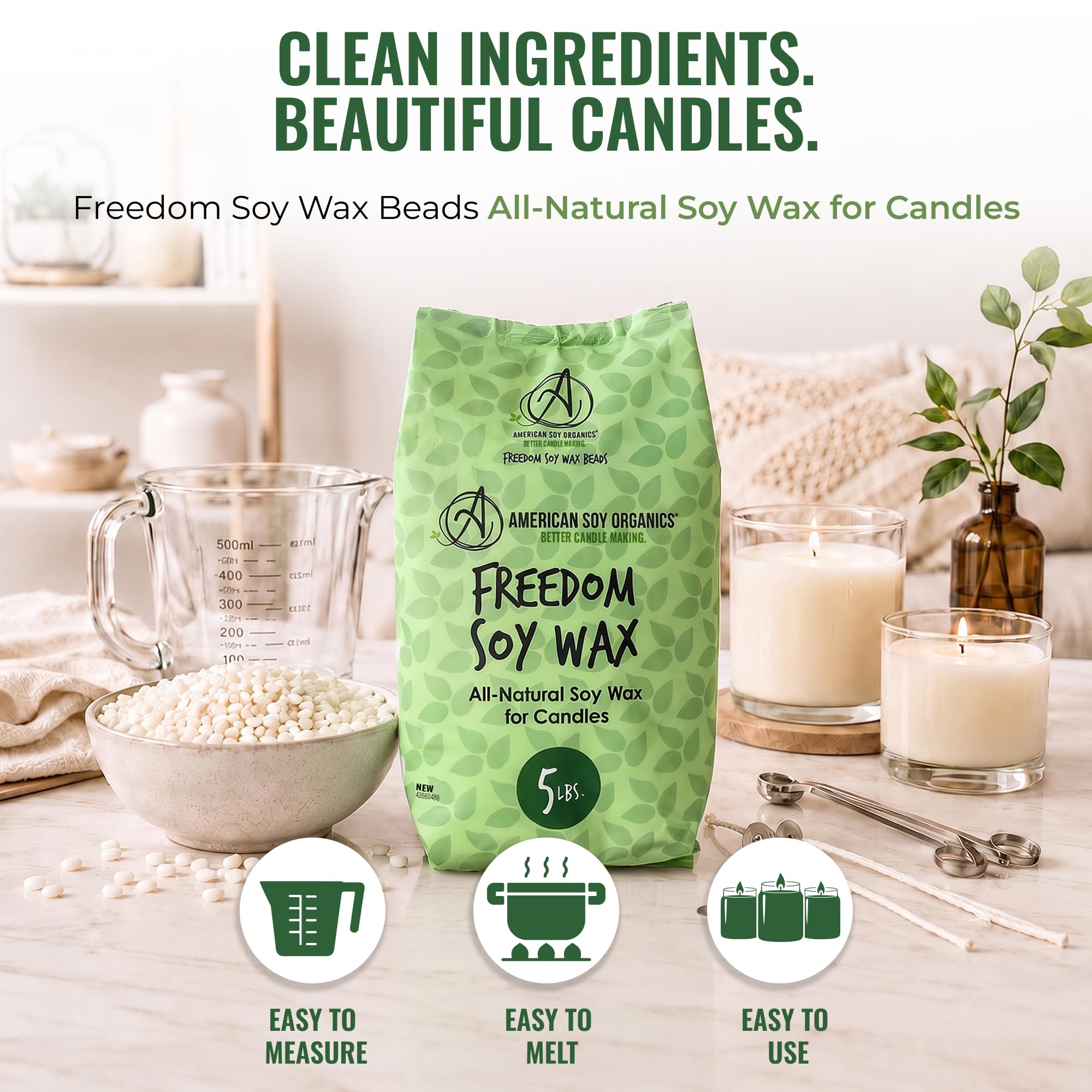 American Soy Organics - Perły wosku sojowego Freedom do produkcji świec, wysokiej jakości materiały do produkcji świec sojowych, 2 kg
