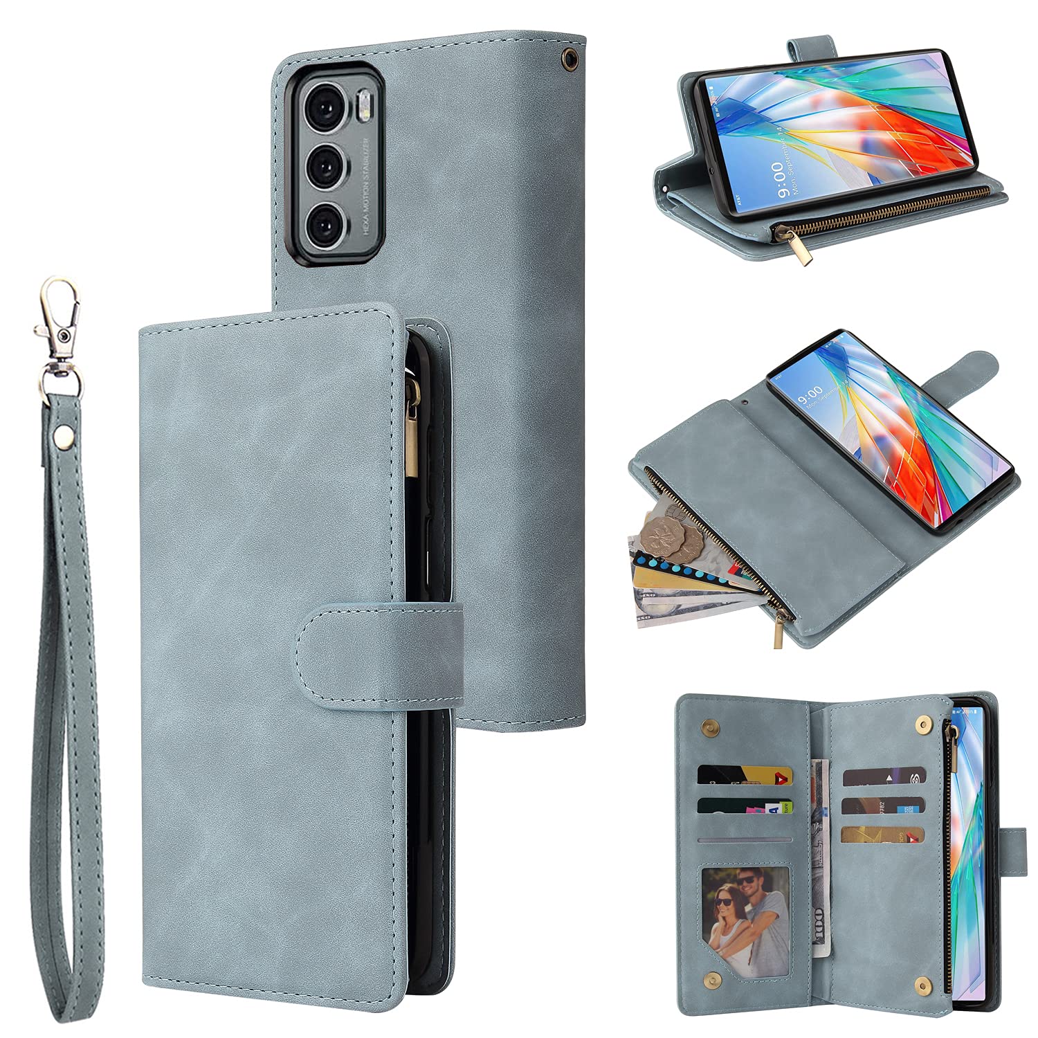 LBYZCASE Phone Case for LG Wing 5G(2020),LG Wing Wallet Case,Luxury Folio Flip Leather Cover[Zipper Pocket][Wrist Strap][Kickstand ][Magnetic Closure] for LG Wing (Sky Blue)