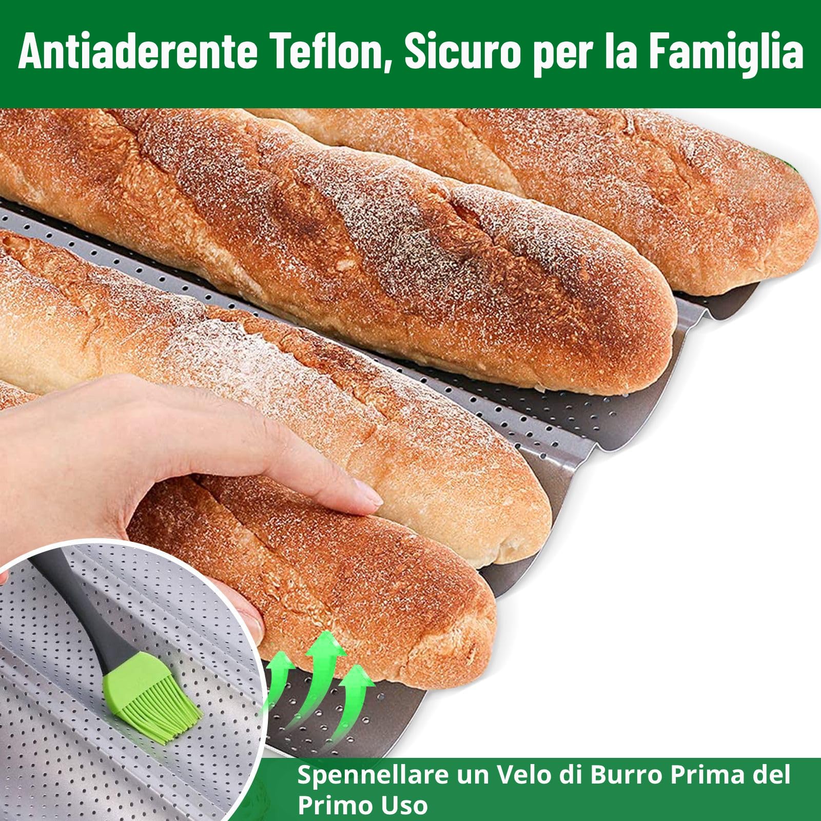 Amagabeli - Teglia da forno per baguette, 38,1 x 33 cm, per 4 pagnotte e baguette