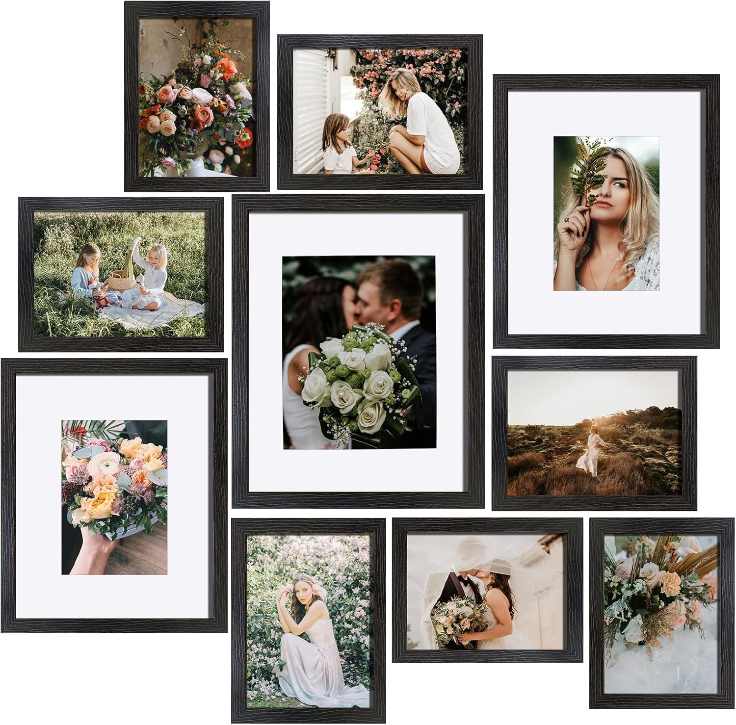 SESEAT Picture Frames Collage, Gallery Wall Frame Set with 11x14 8x10 5x7 4x6 Frames in Black Woodgrain Finishes, Set of 10