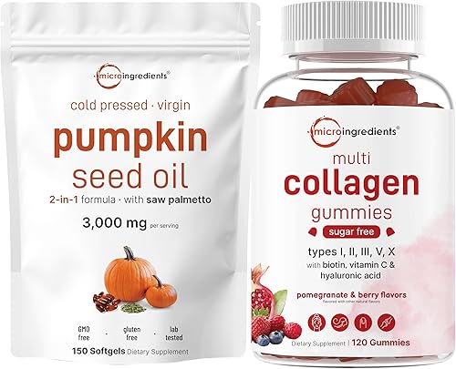 Micro Ingredients Aceite de semilla de calabaza con palma enana americana de 3,000 mg cápsulas blandas y gomitas de péptidos de colágeno múltiple