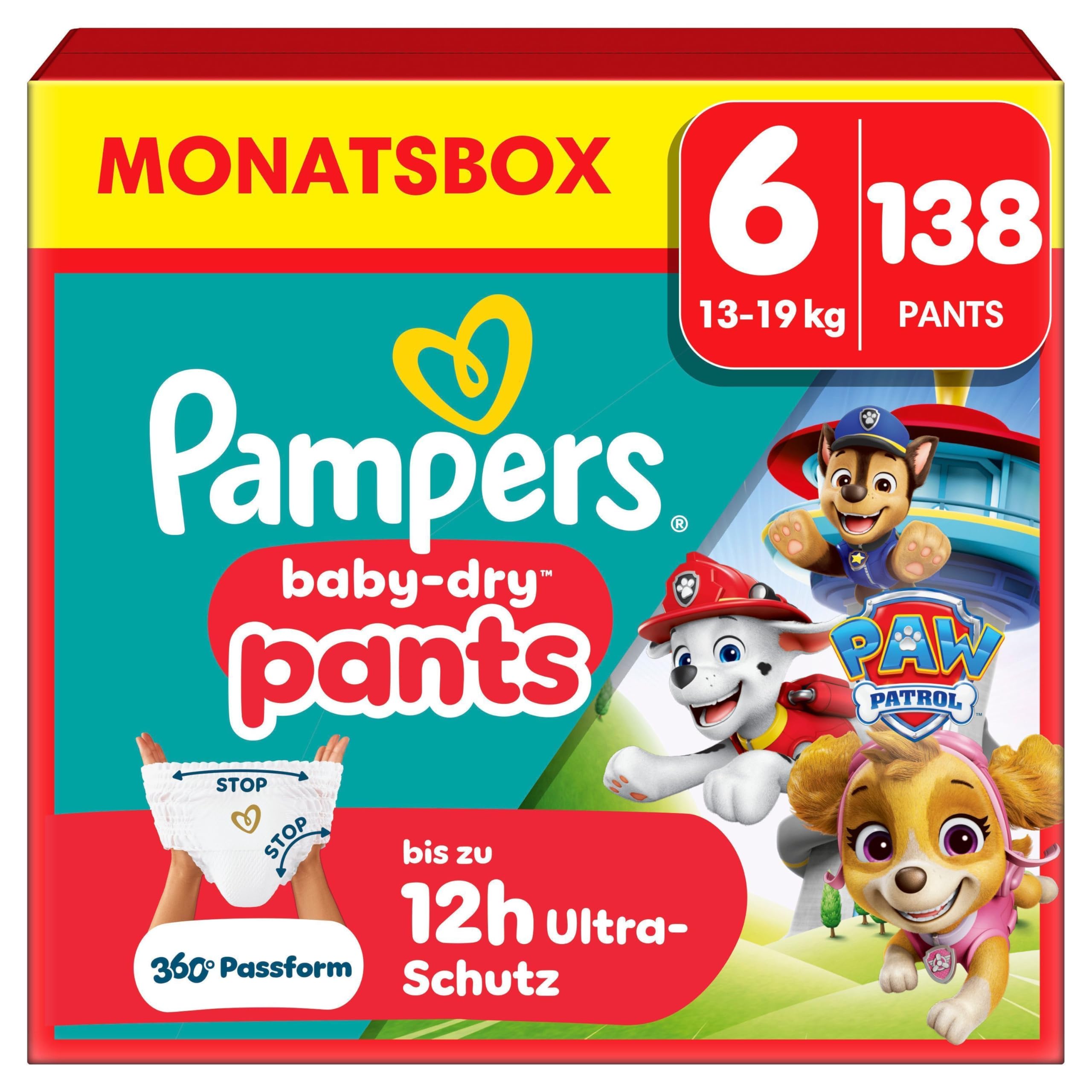 Pampers Baby-Dry Pants Paw Patrol Edition Größe 6, 138 Windeln, 13kg-19kg, 360° Passform mit Stop und Schutz System
