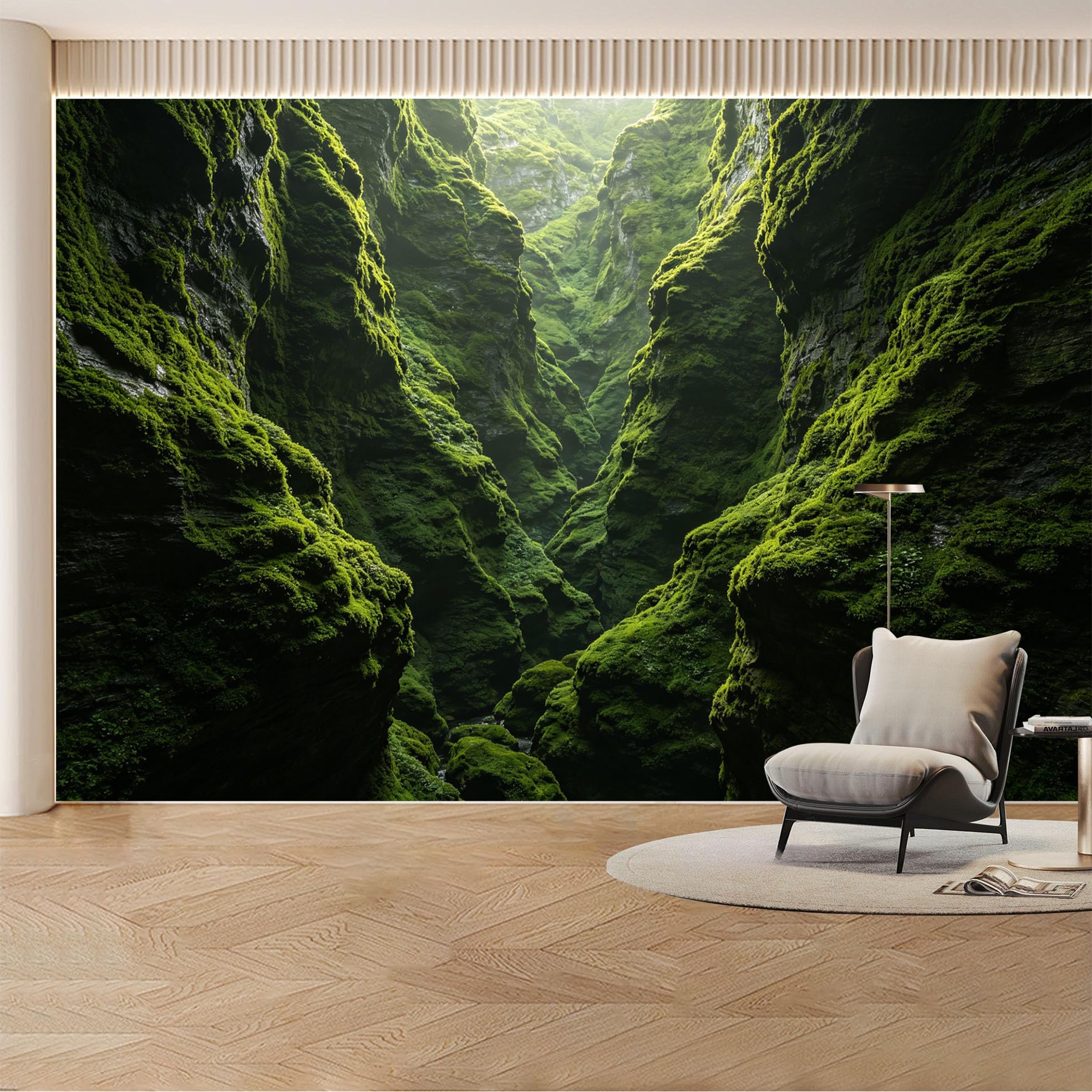 Custom Wall Mural Wallpaper Mossy Canyon， Nature Landscape 3D Effect Wall Decor， Misty Tropical Removable SelfAdhesive Large Photo for Living Room， Bedroom， Office